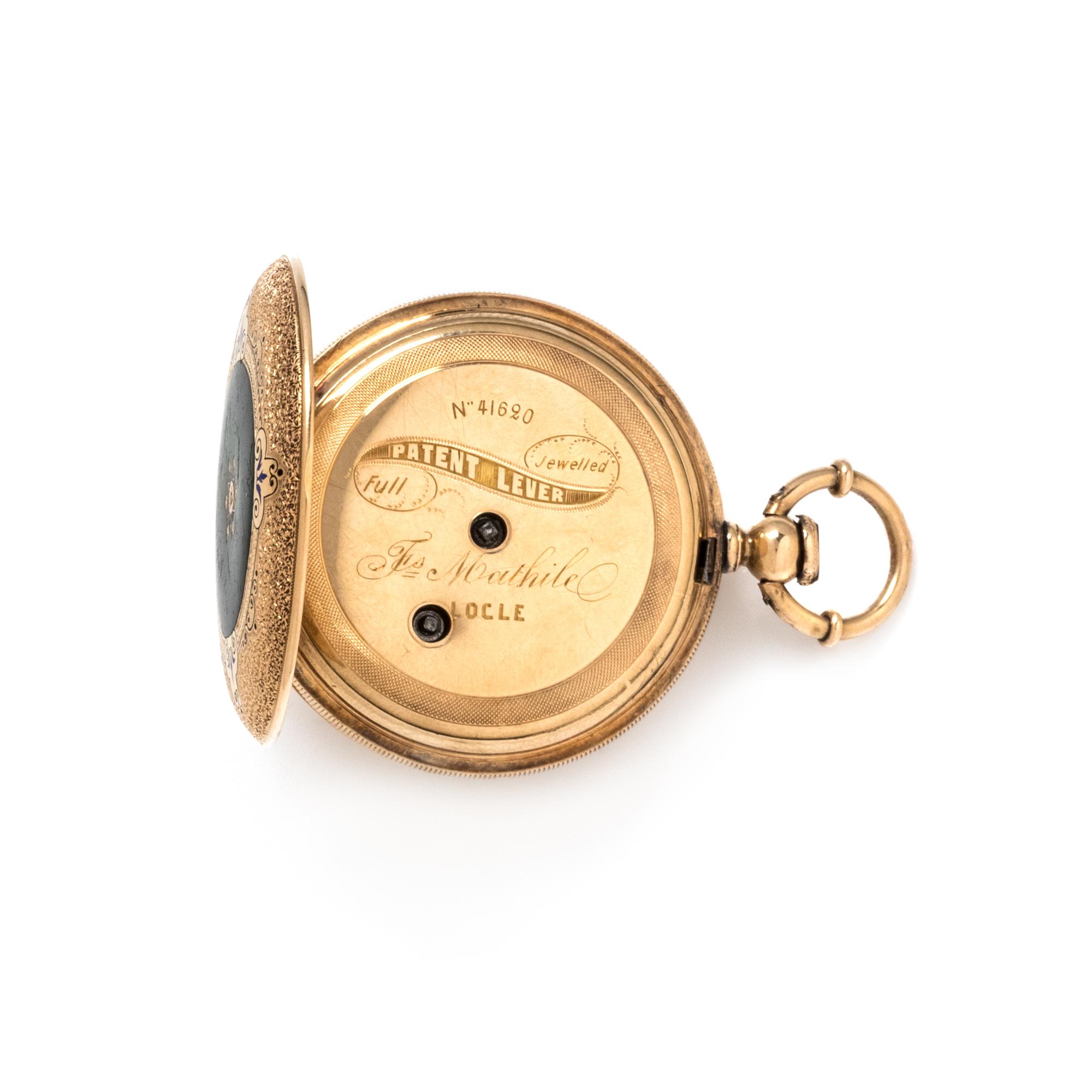 GILT-METAL, ENAMEL AND DIAMOND HUNTER CASE POCKET WATCH