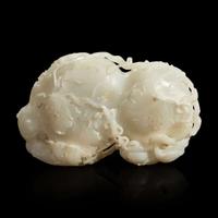 A Chinese carved white jade double-gourd washer with wood stand