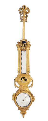A French Gilt Bronze, Blue Steel, and Enamel Cartel d'Applique and Barometer