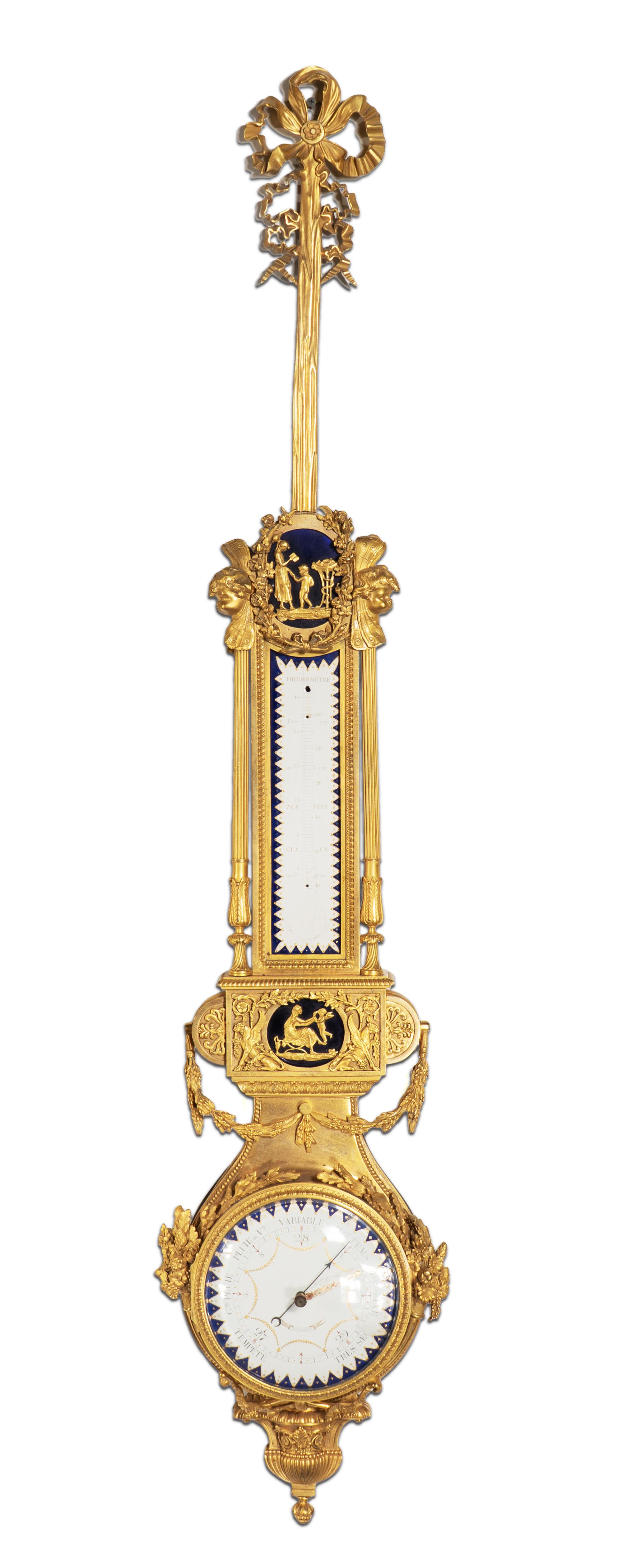 A French Gilt Bronze, Blue Steel, and Enamel Cartel d'Applique and Barometer