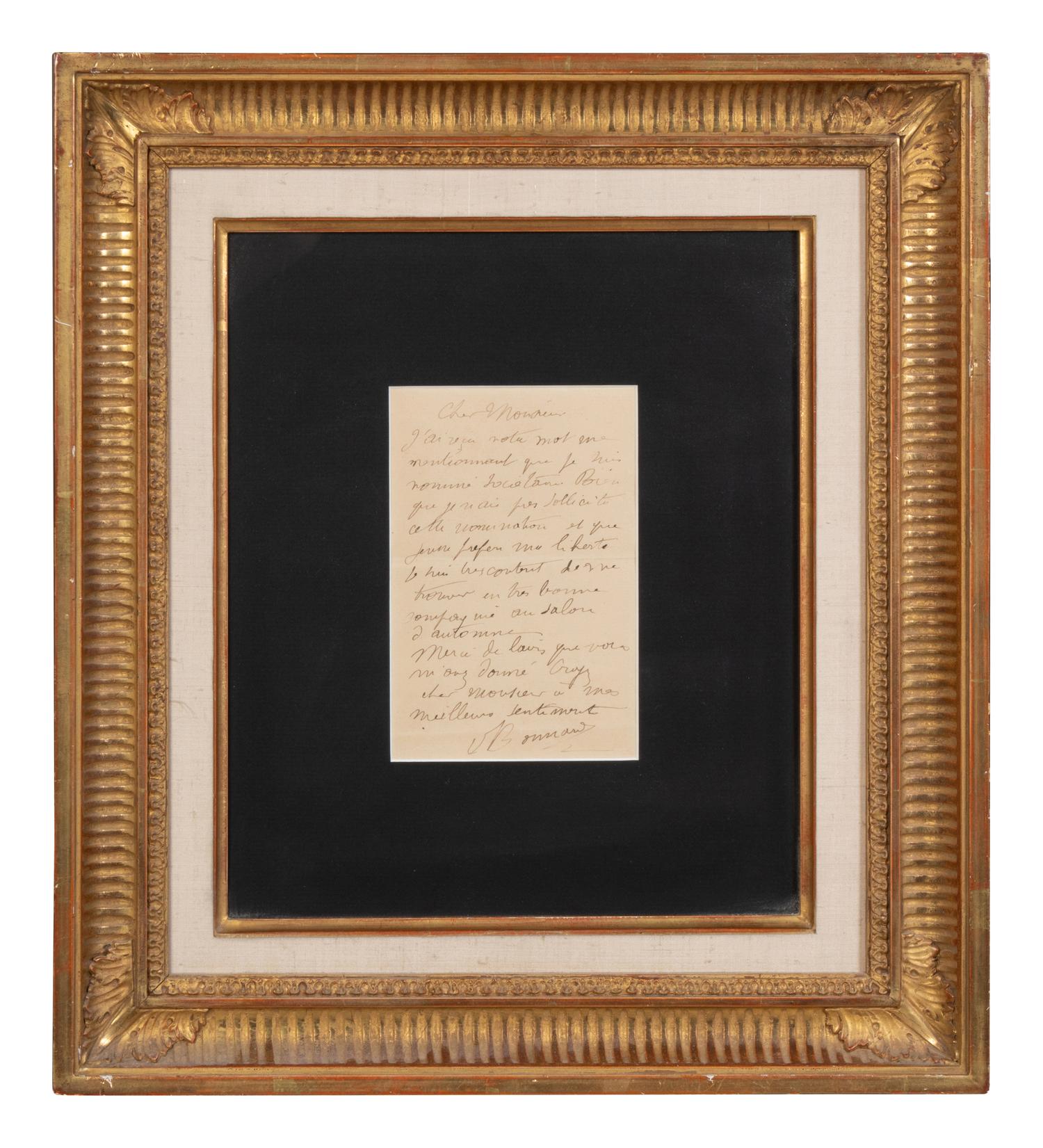 BONNARD, Pierre (1867-1947). Autograph letter signed ("Bonnard"), to an unnamed recipient. N.p., n.d. 1 page, 8vo .