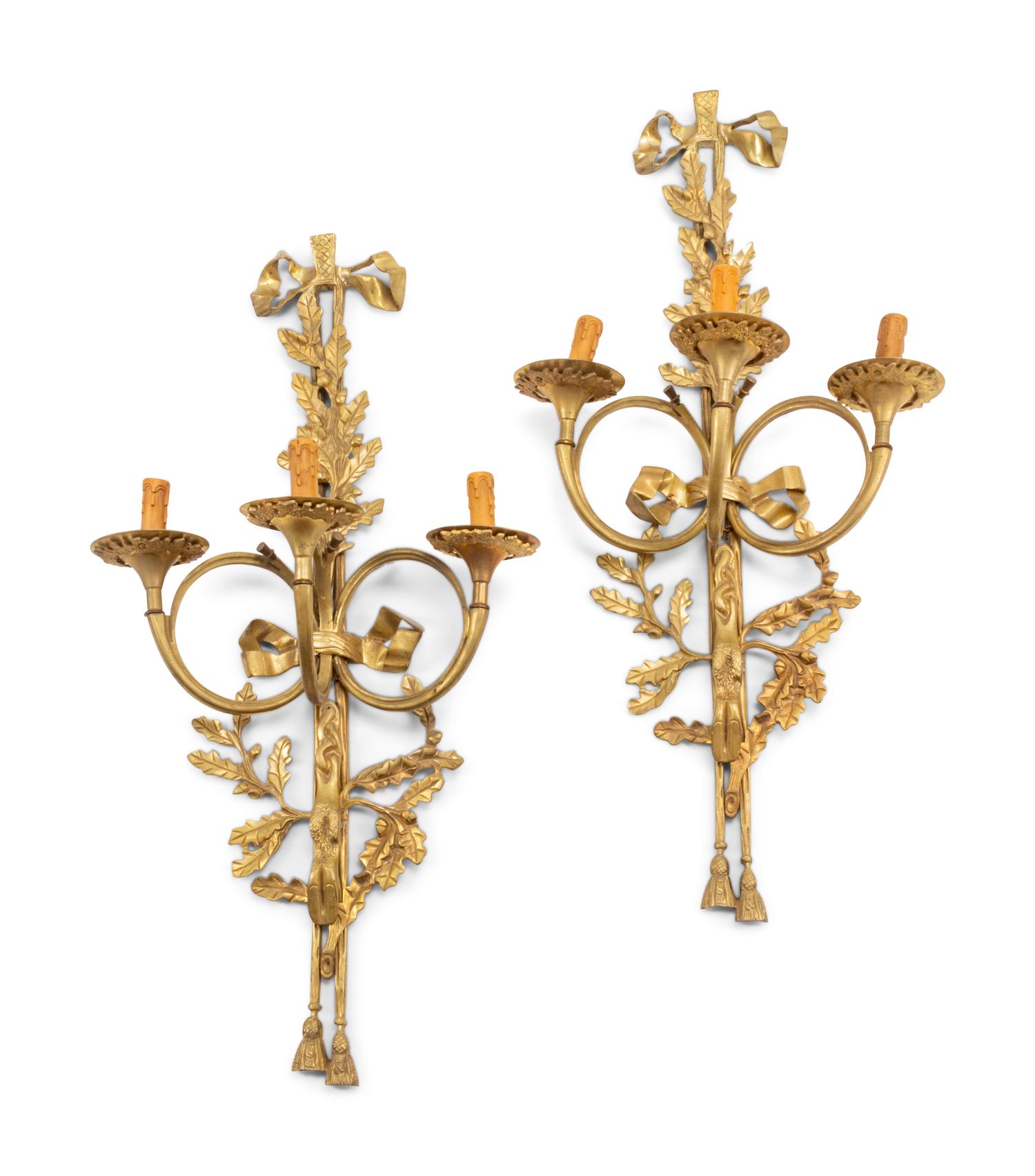 A Pair of Louis XV Style Gilt Bronze Three-Light Sconces