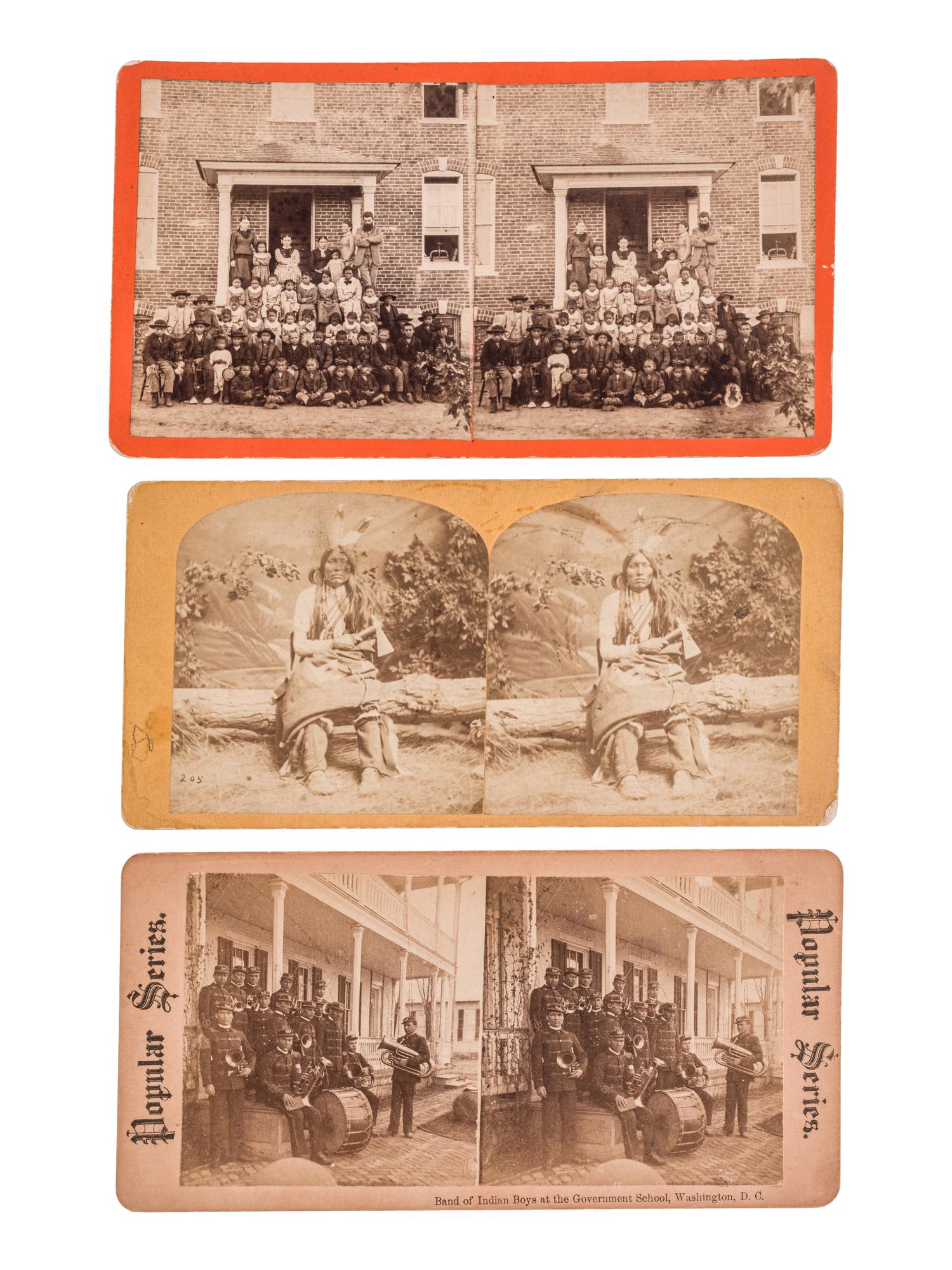 [NATIVE AMERICANS]. A group of 3 stereoviews, incl. Native American students at Indian schools.