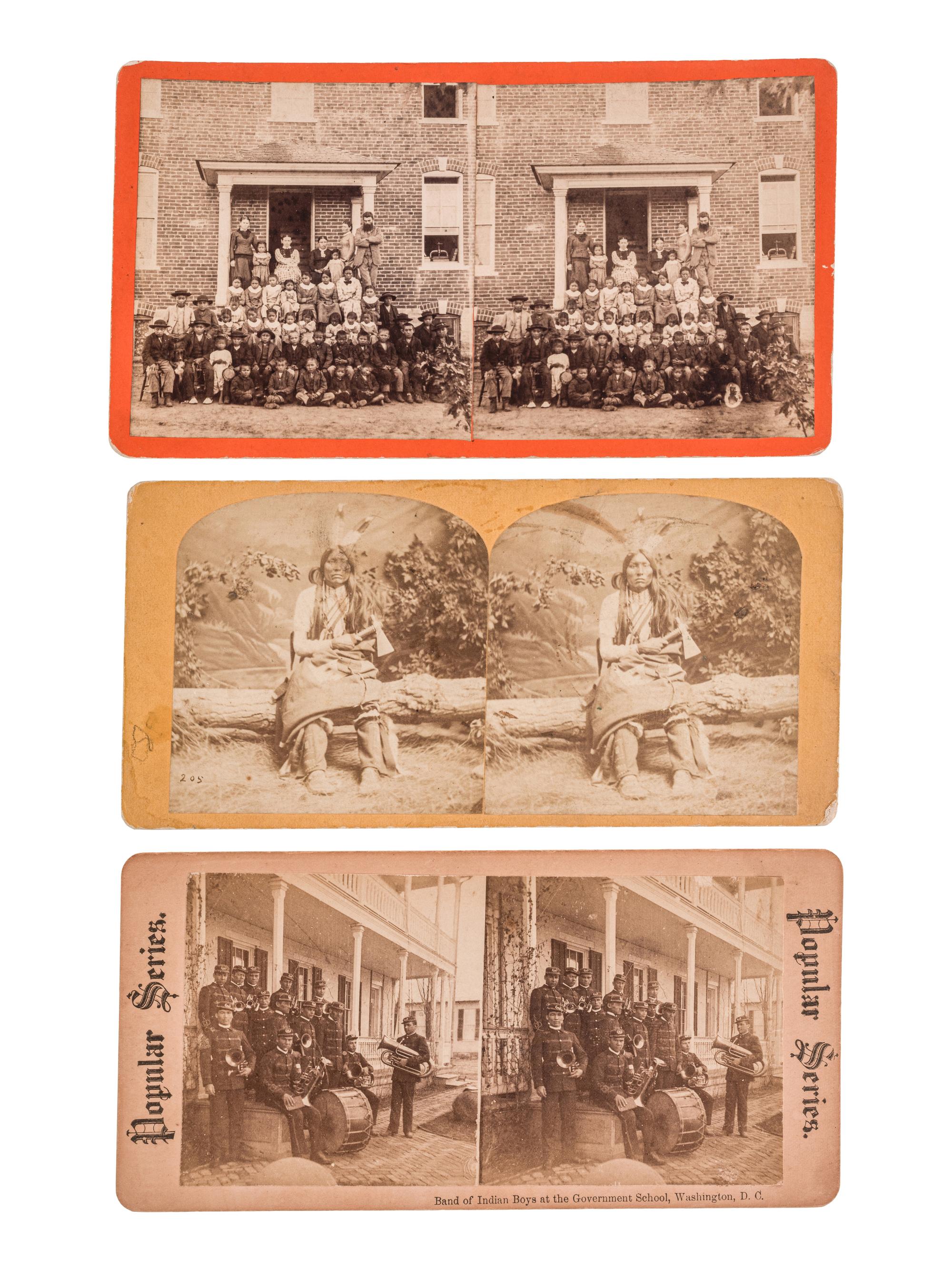 [NATIVE AMERICANS]. A group of 3 stereoviews, incl. Native American students at Indian schools.