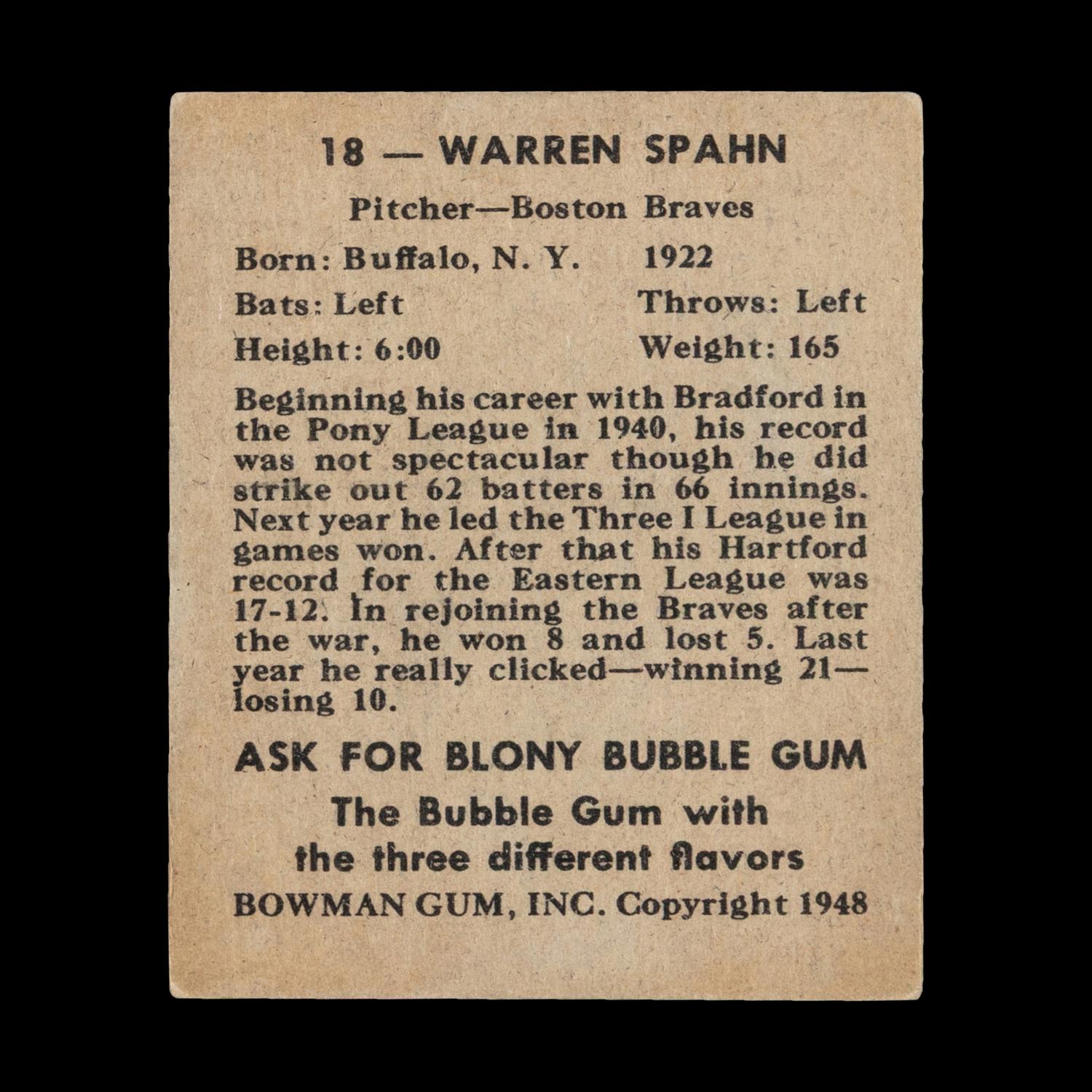 A 1948 Bowman Warren Spahn Rookie Baseball Card No. 18