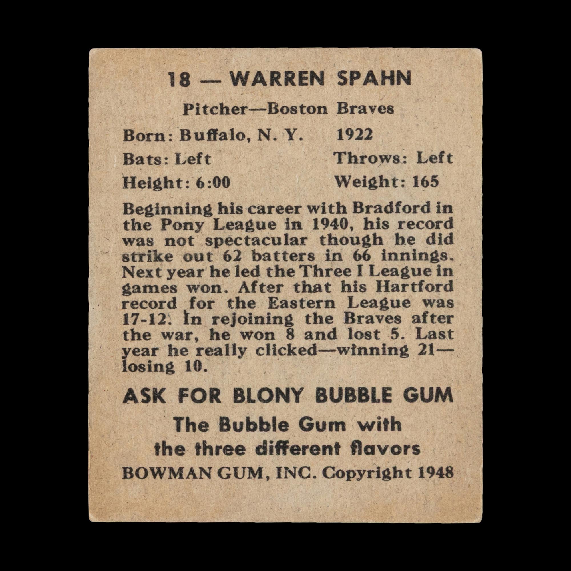 A 1948 Bowman Warren Spahn Rookie Baseball Card No. 18