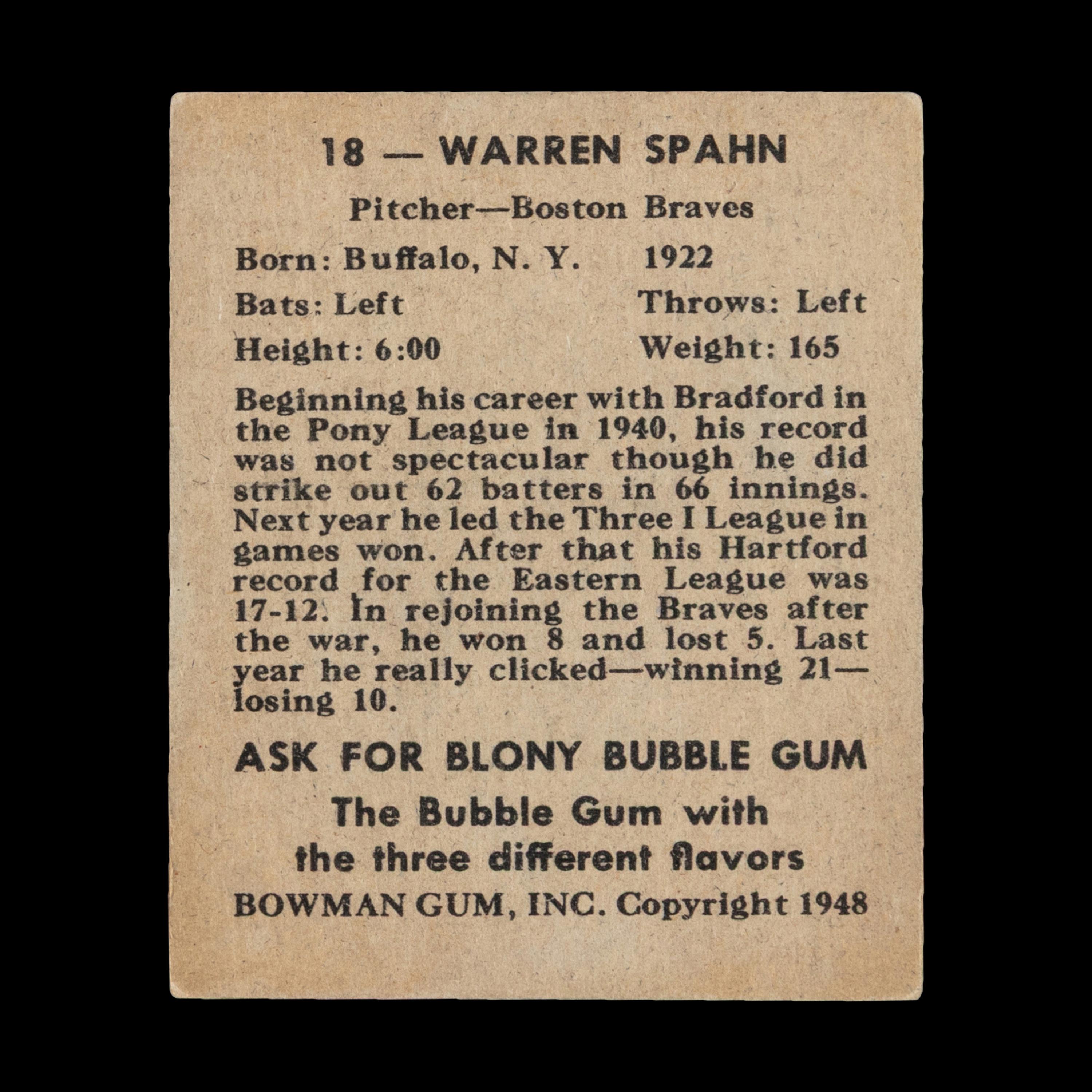 A 1948 Bowman Warren Spahn Rookie Baseball Card No. 18
