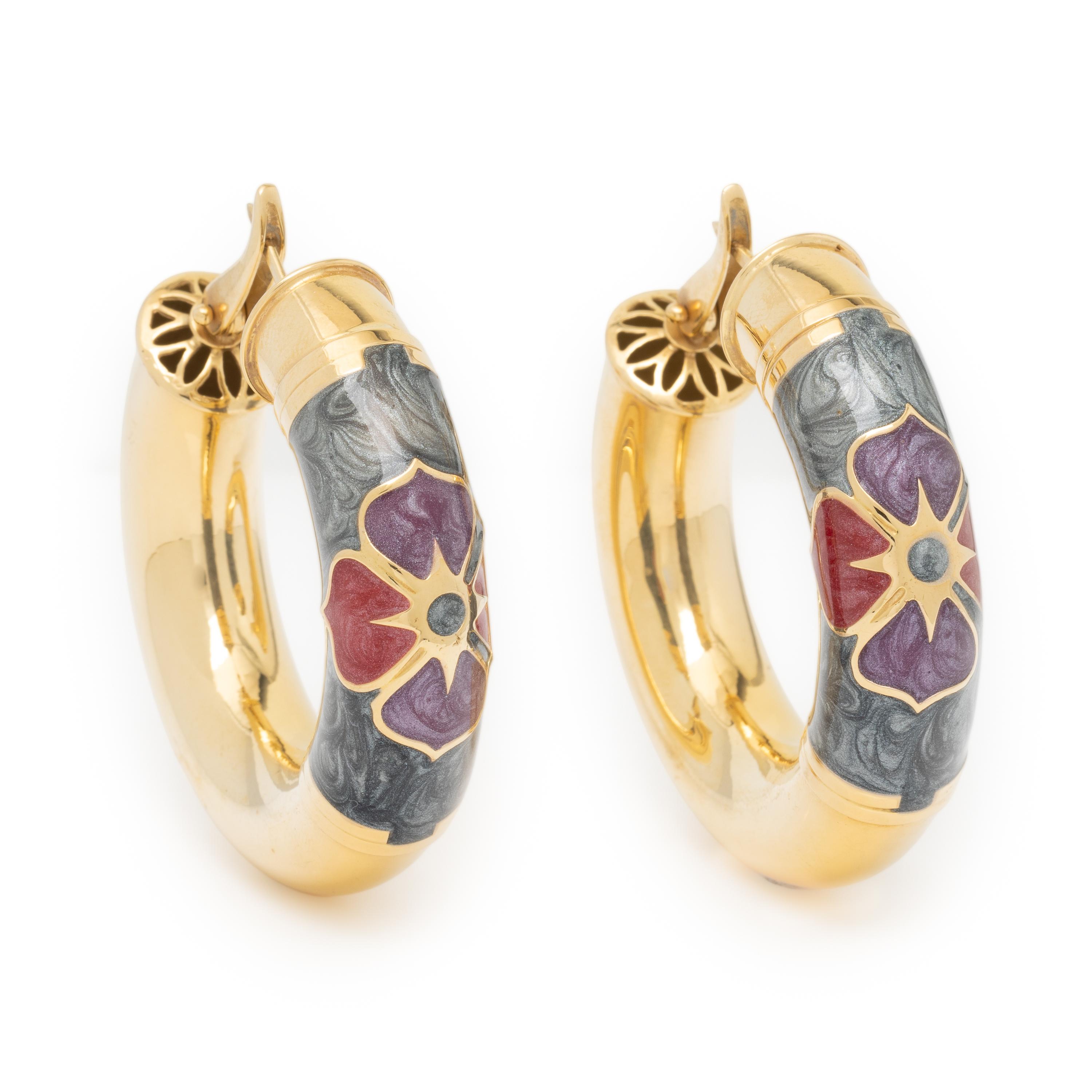Gaston Lebo, Polychrome Enamel and Yellow Gold Hoop Earrings