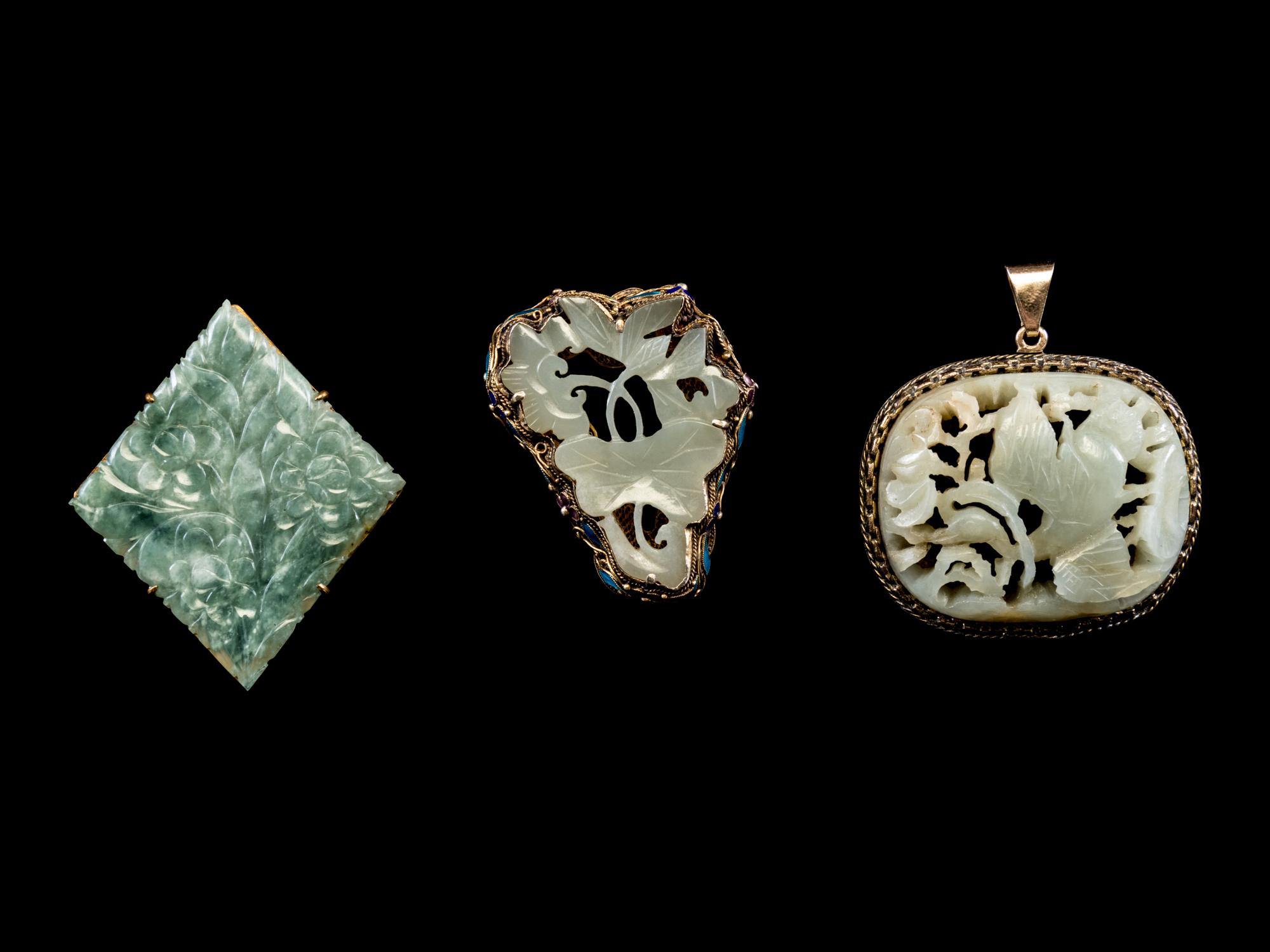 Three Jade and Jadeite Inset Gilt Metal Mounted Jewelry