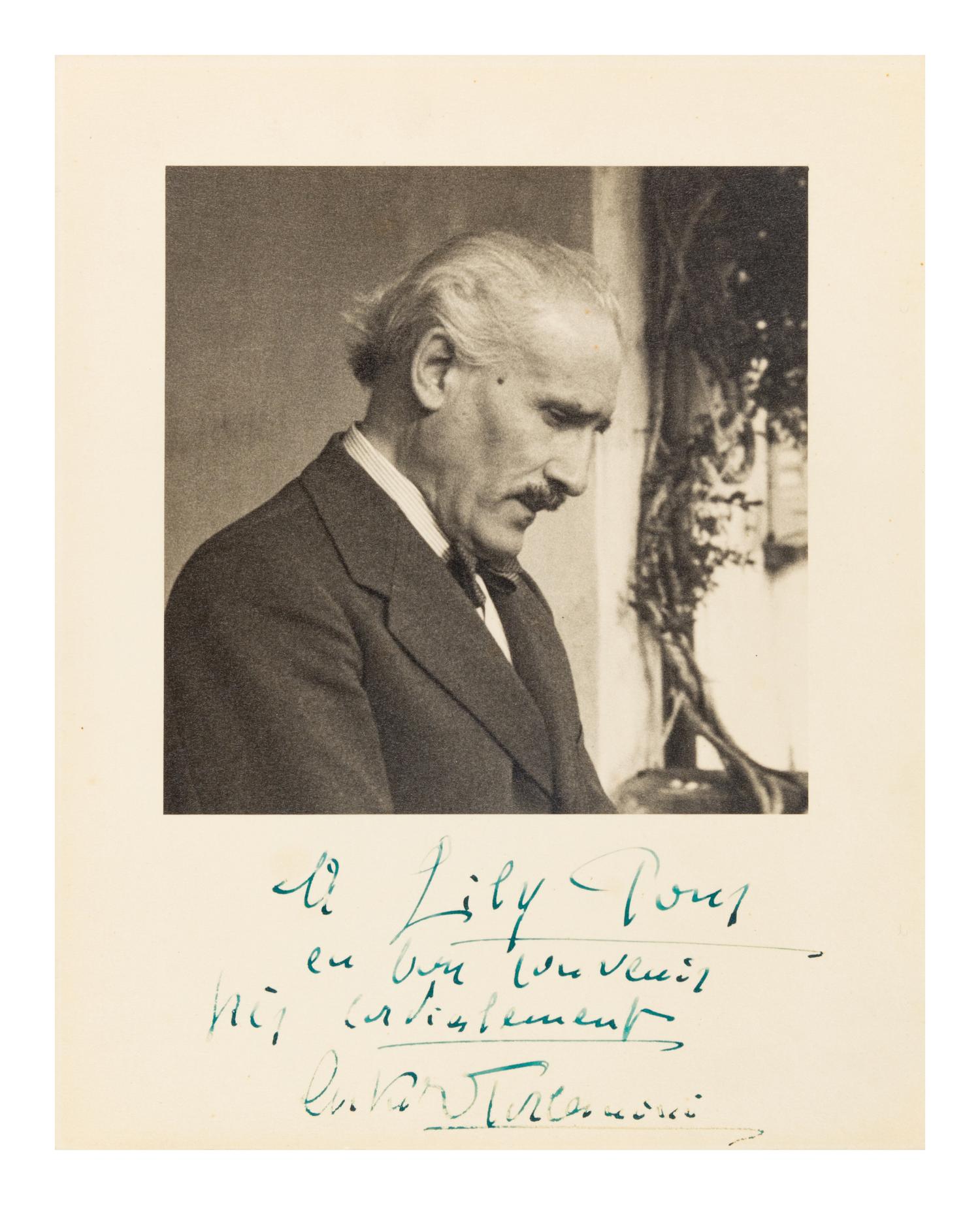 TOSCANINI, Arturo (1867-1957). Black and white photographic portrait, signed ("Arturo Toscanini") and additionally inscribed to Lily Pons in lower margin, n.d.