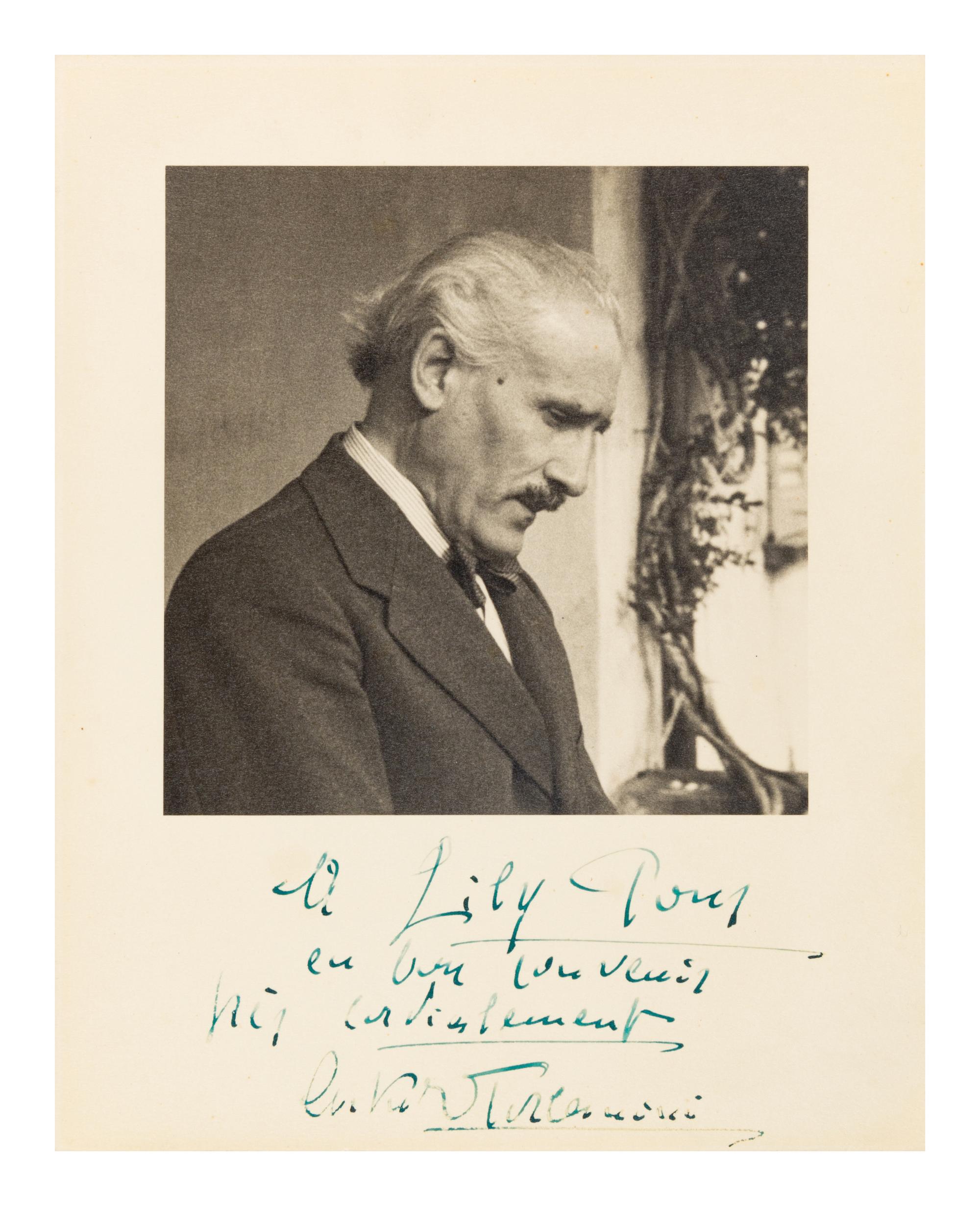 TOSCANINI, Arturo (1867-1957). Black and white photographic portrait, signed ("Arturo Toscanini") and additionally inscribed to Lily Pons in lower margin, n.d.
