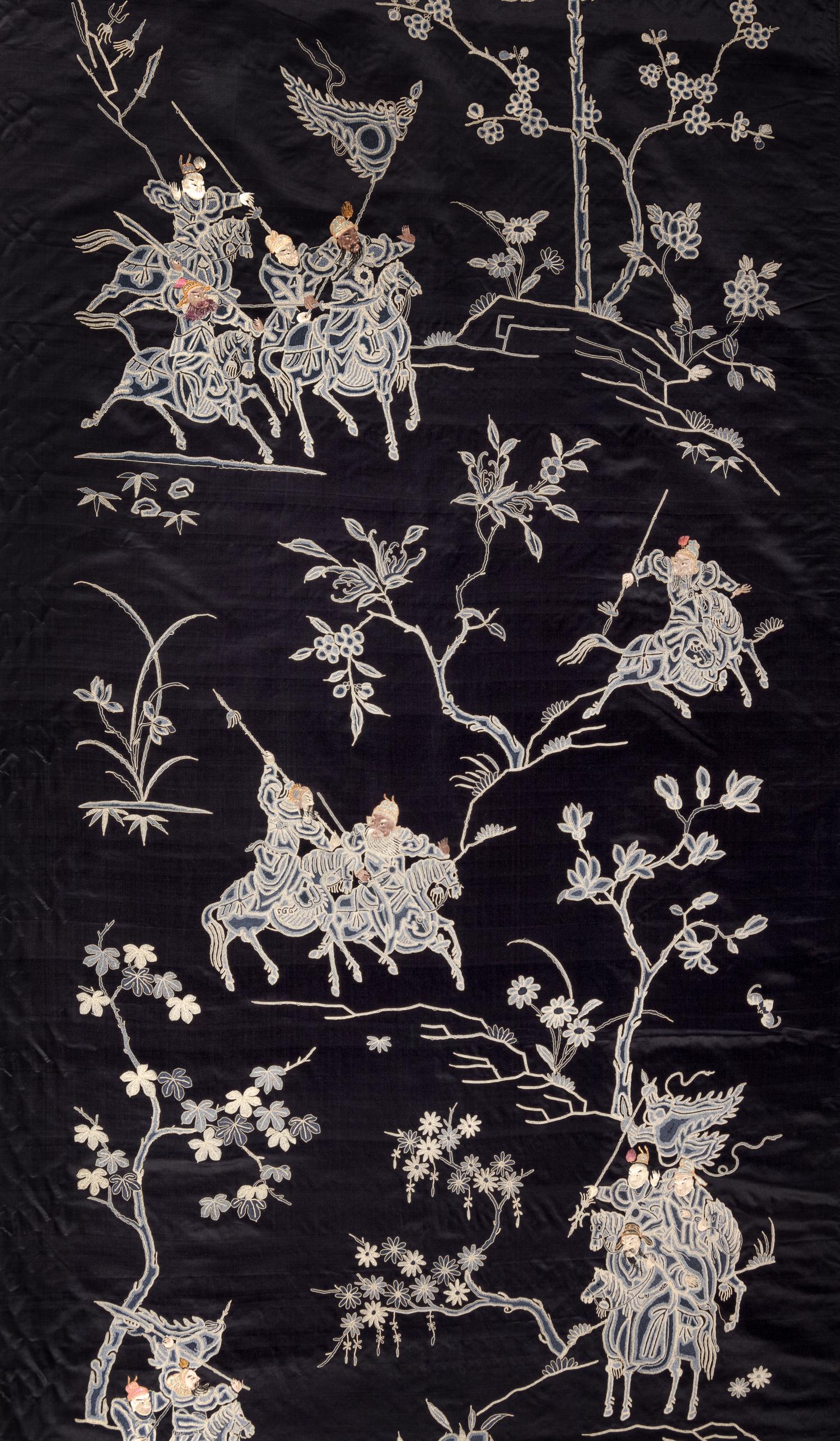 A Pair of Blue Ground Embroidered Silk 'Warriors' Panels