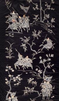 A Pair of Blue Ground Embroidered Silk 'Warriors' Panels