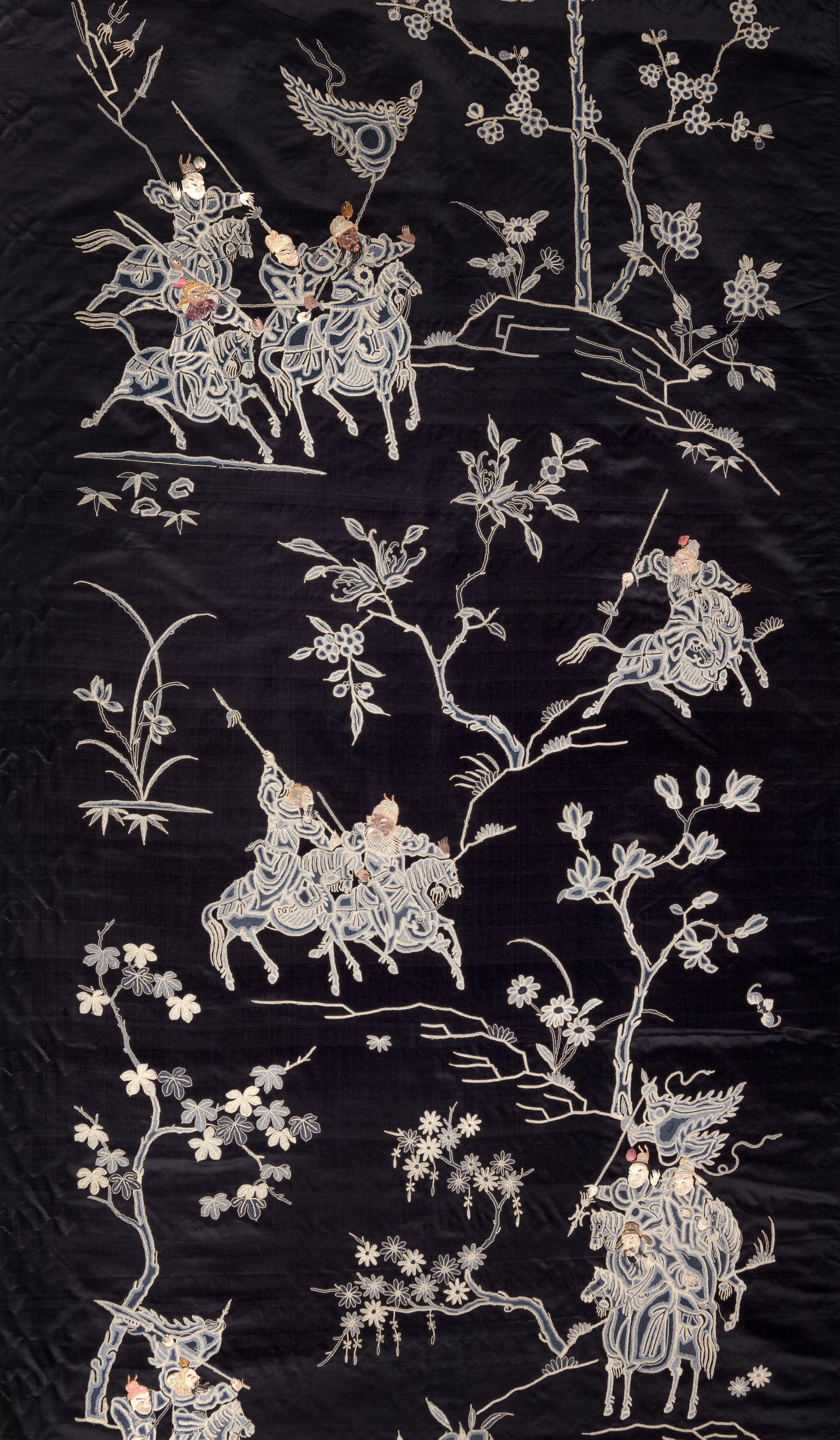 A Pair of Blue Ground Embroidered Silk 'Warriors' Panels