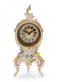 A Dresden Porcelain Desk Clock Height 9 1/8 inches.