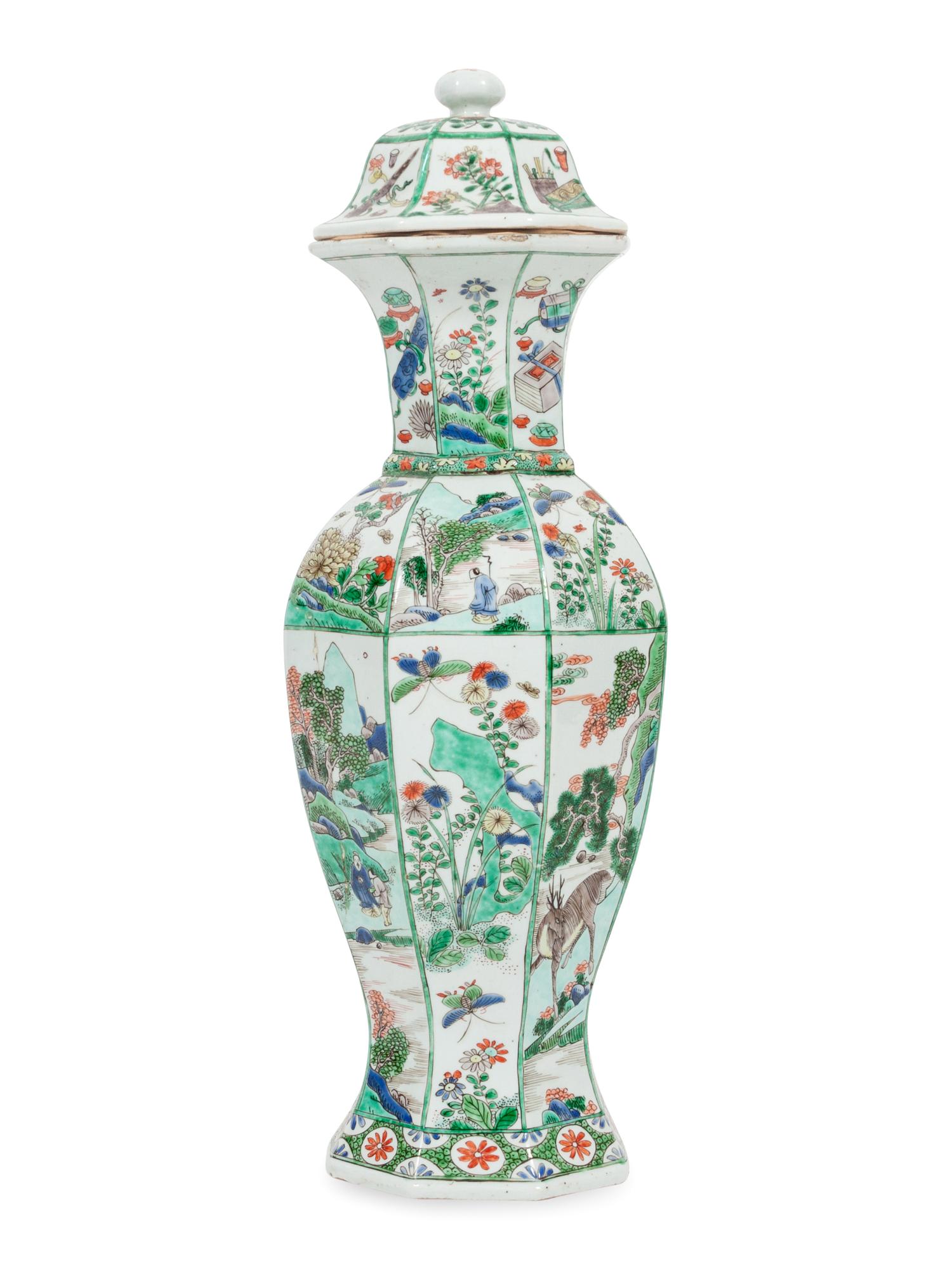 A Chinese Famille Verte Hexagonal Porcelain Covered Vase