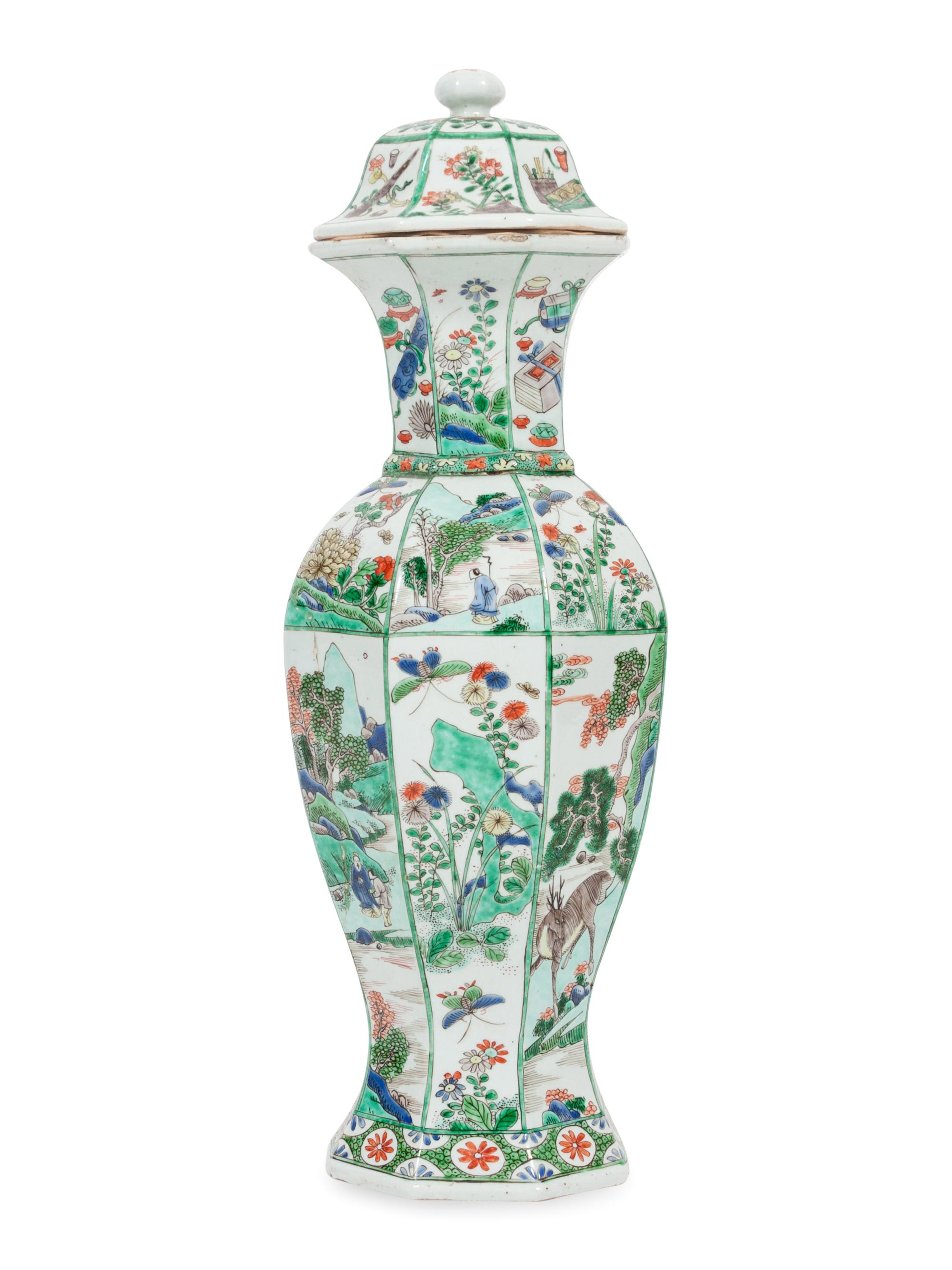 A Chinese Famille Verte Hexagonal Porcelain Covered Vase