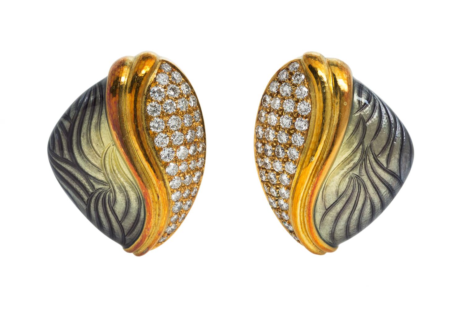 A Pair of 18 Karat Yellow Gold, Diamond and Polychrome Enamel Earclips, de Vroomen, 26.20 dwts.