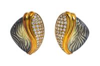 A Pair of 18 Karat Yellow Gold, Diamond and Polychrome Enamel Earclips, de Vroomen, 26.20 dwts.