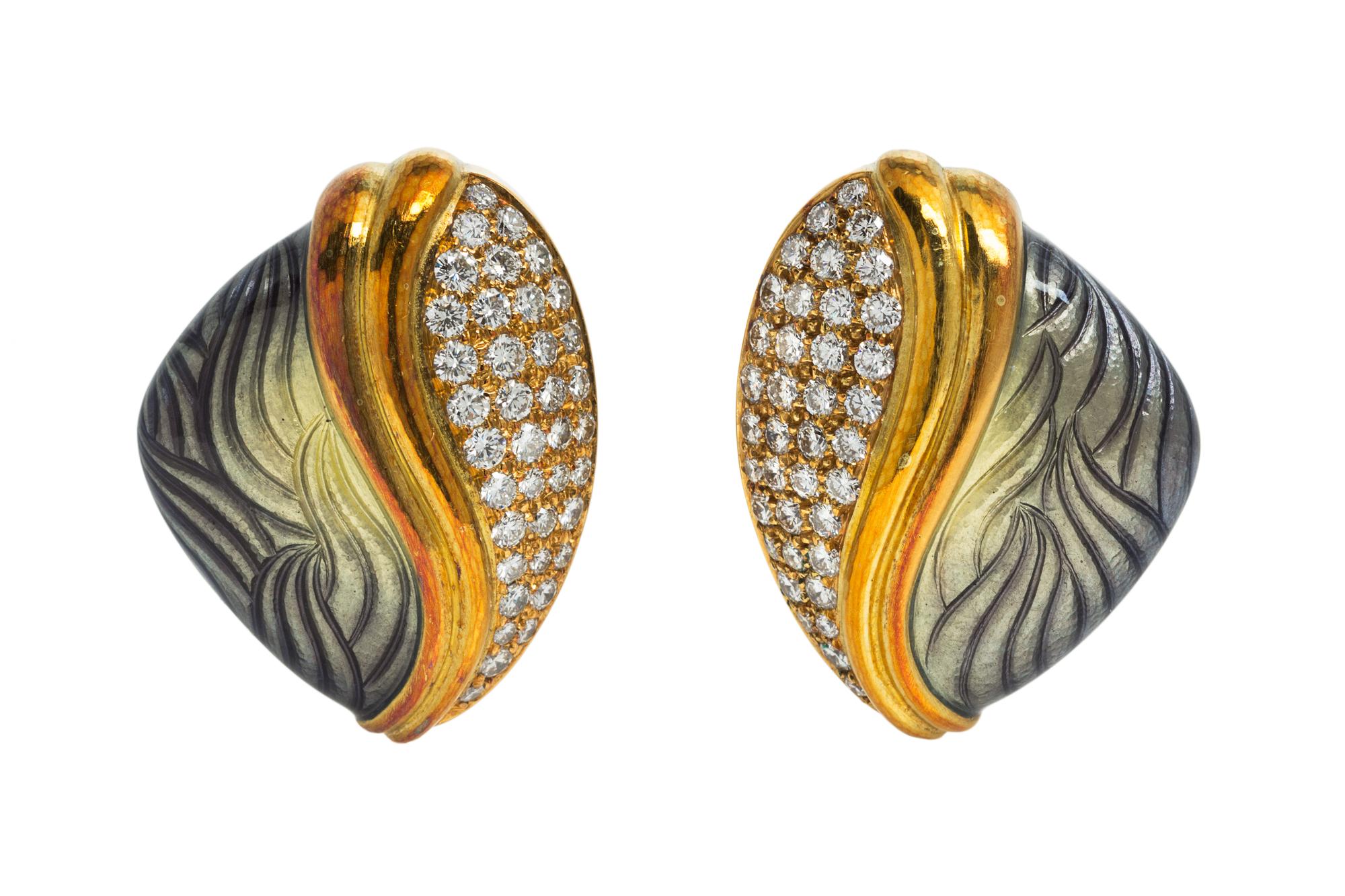 A Pair of 18 Karat Yellow Gold, Diamond and Polychrome Enamel Earclips, de Vroomen, 26.20 dwts.