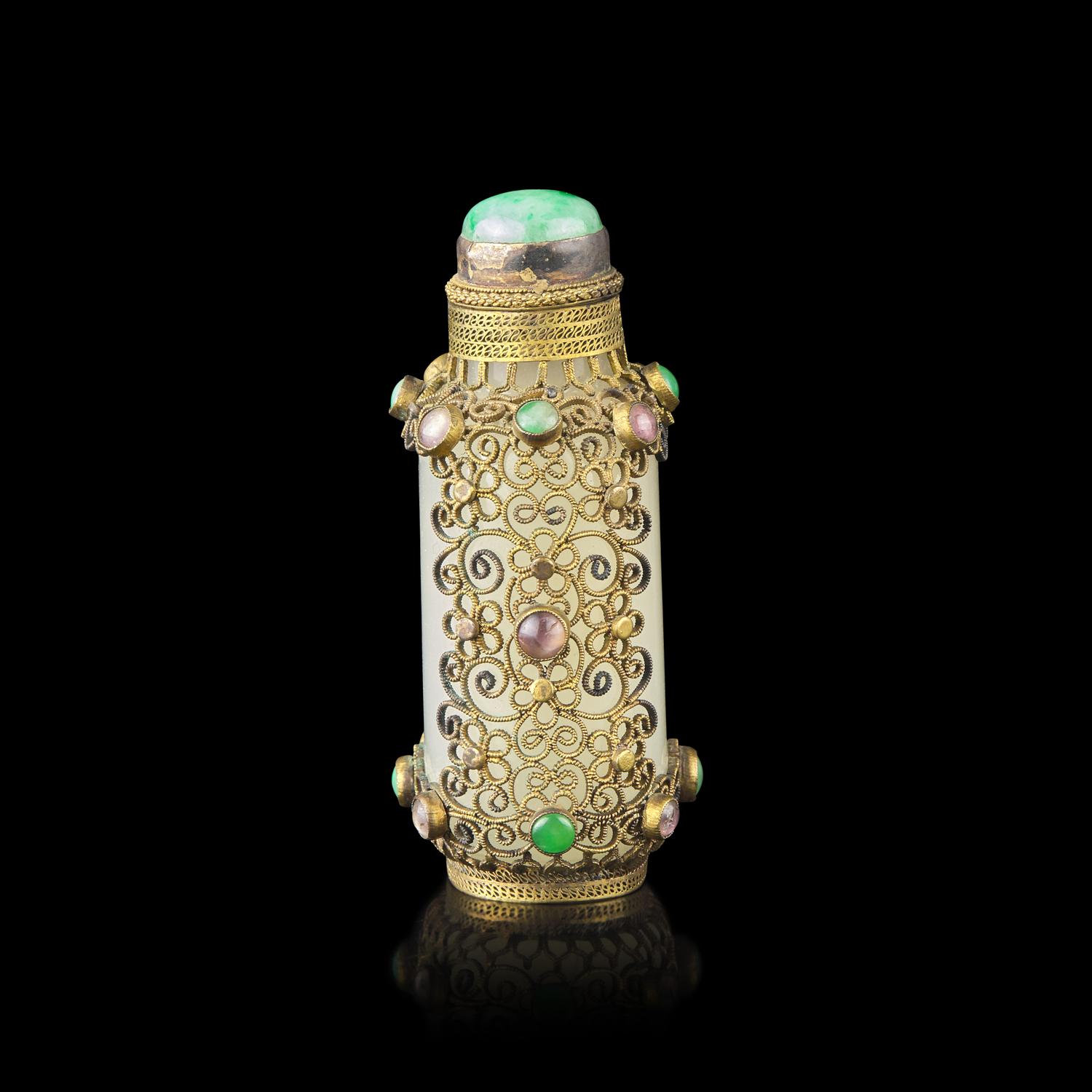 A Chinese Hardstone Embellished Gilt Metal Filigree Mounted White Jade Snuff Bottle, Jade: 18th/19th Century 清中期 白玉掐金絲鼻煙壺