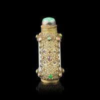 A Chinese Hardstone Embellished Gilt Metal Filigree Mounted White Jade Snuff Bottle, Jade: 18th/19th Century 清中期 白玉掐金絲鼻煙壺