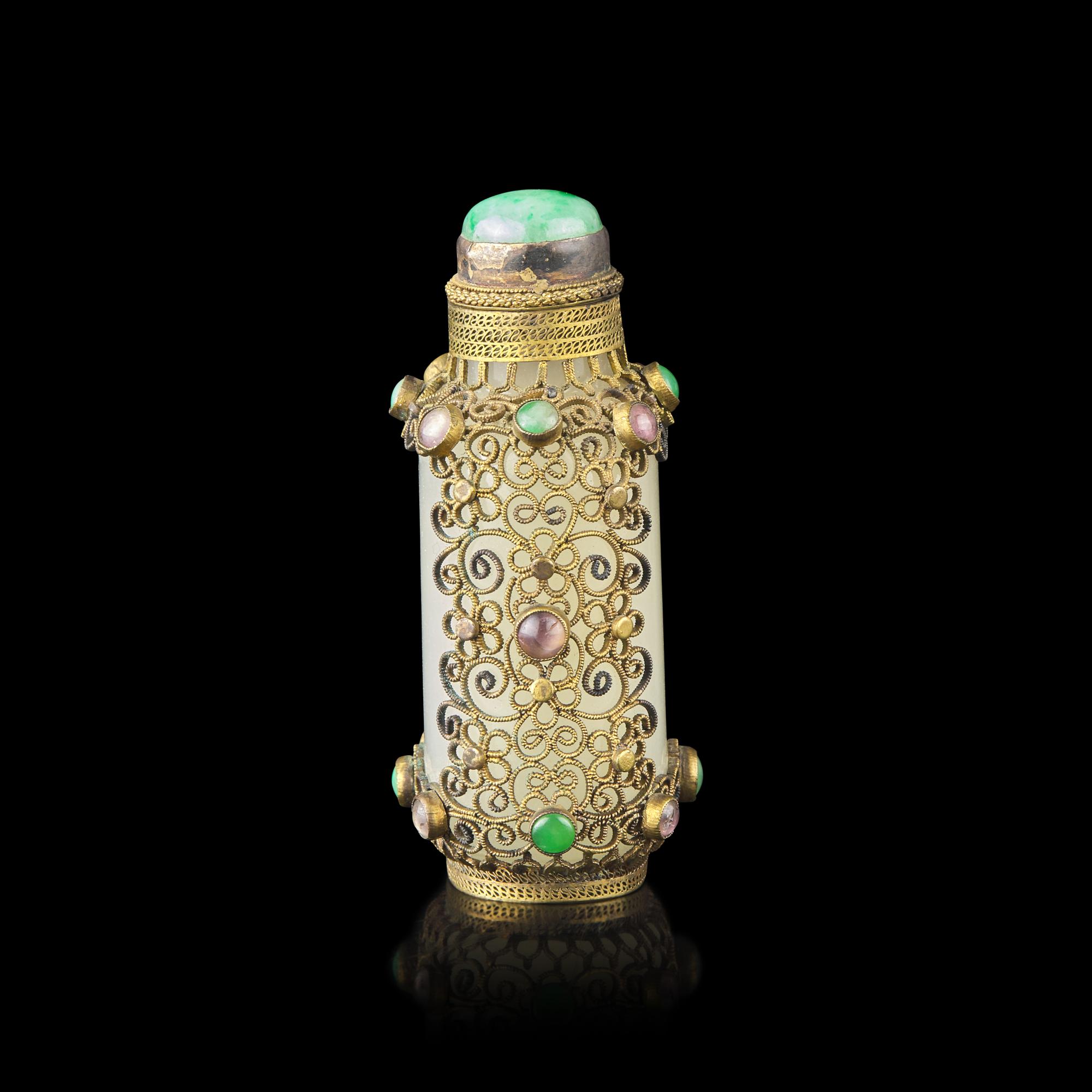 A Chinese Hardstone Embellished Gilt Metal Filigree Mounted White Jade Snuff Bottle, Jade: 18th/19th Century 清中期 白玉掐金絲鼻煙壺