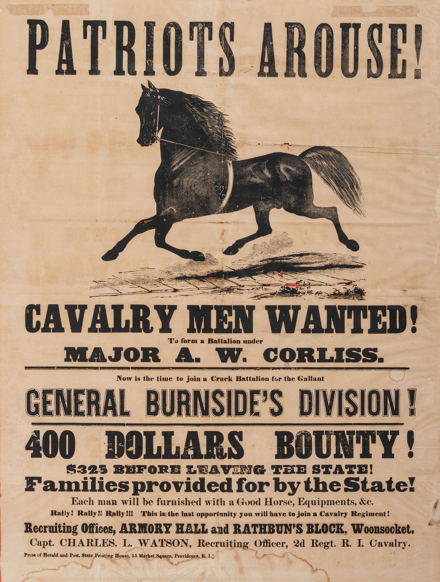 [CIVIL WAR]. Patriot’s Arouse! Cavalry Men Wanted! Providence, RI: Press of the Heald and Post, State Printing House, [1862].