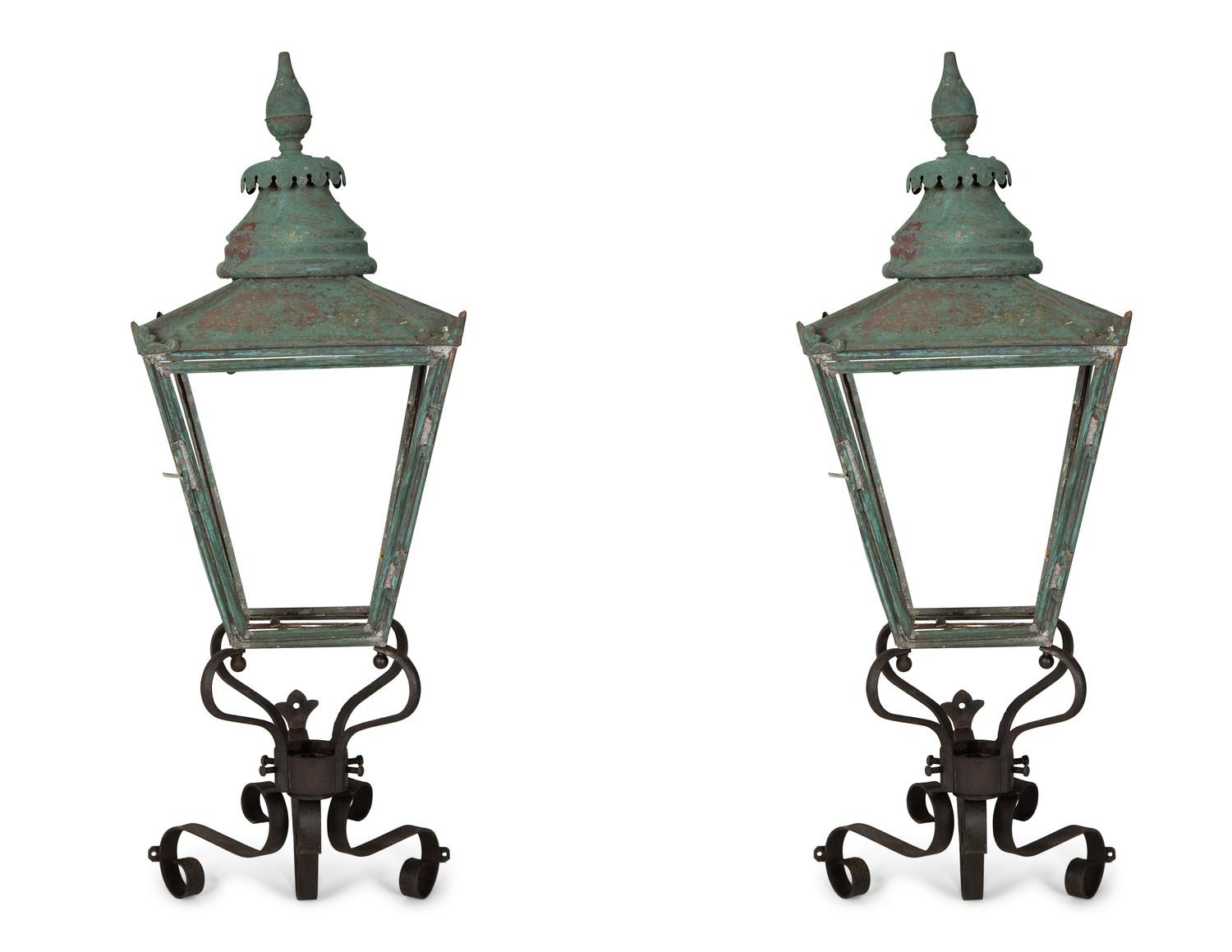 A Pair of Large Copper and Iron Wall Lanterns — Late 19th Century