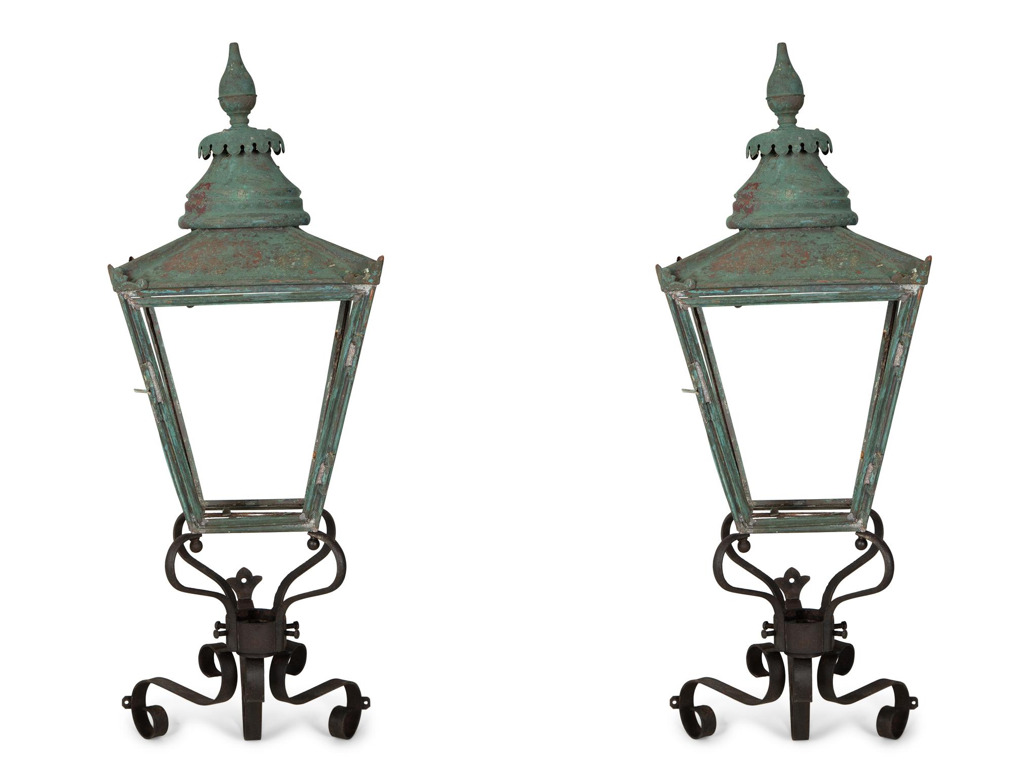 A Pair of Large Copper and Iron Wall Lanterns — Late 19th Century