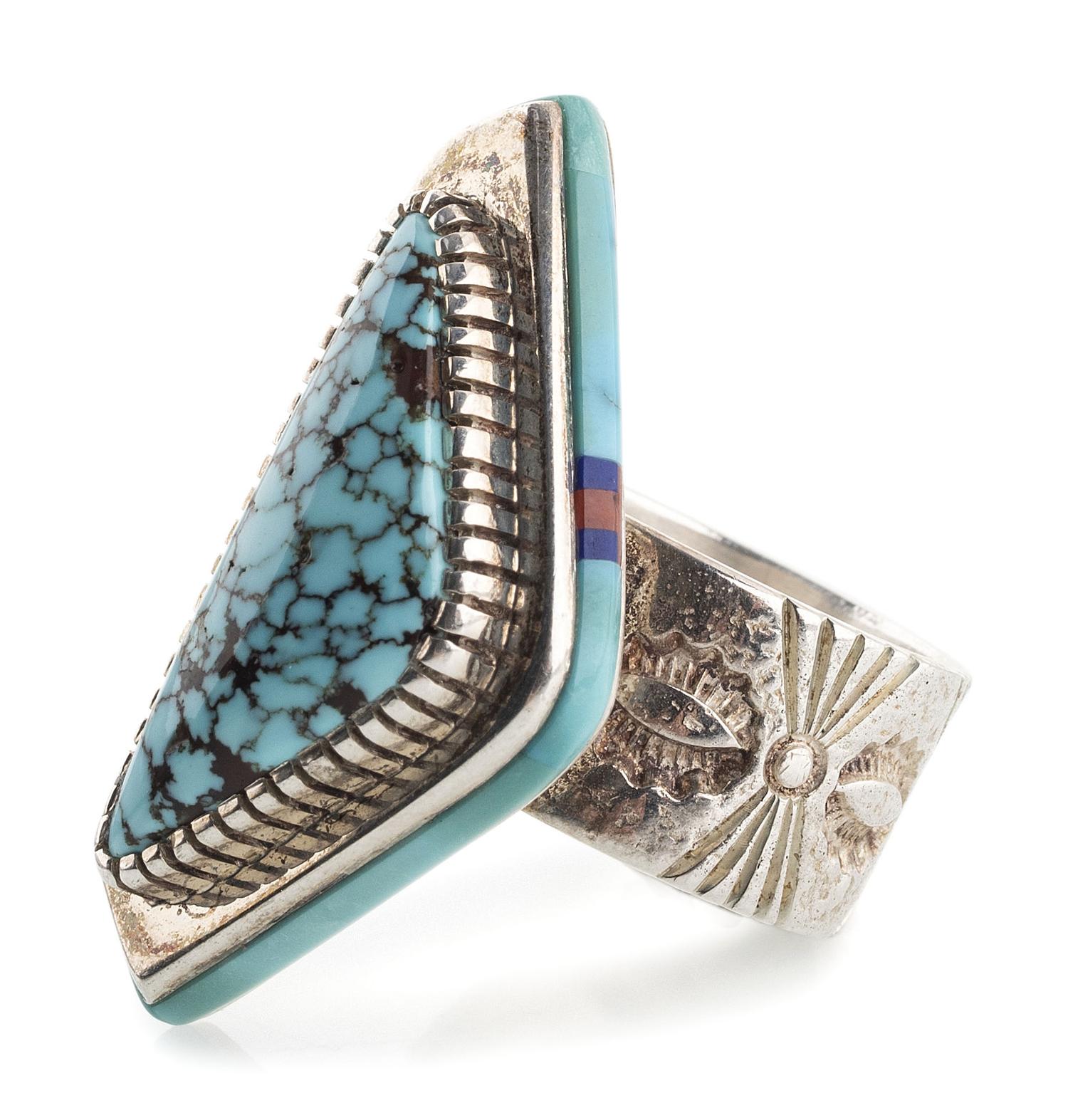 Sterling Silver and #8 Turquoise Ring, with Mosaic Inlay Bezel