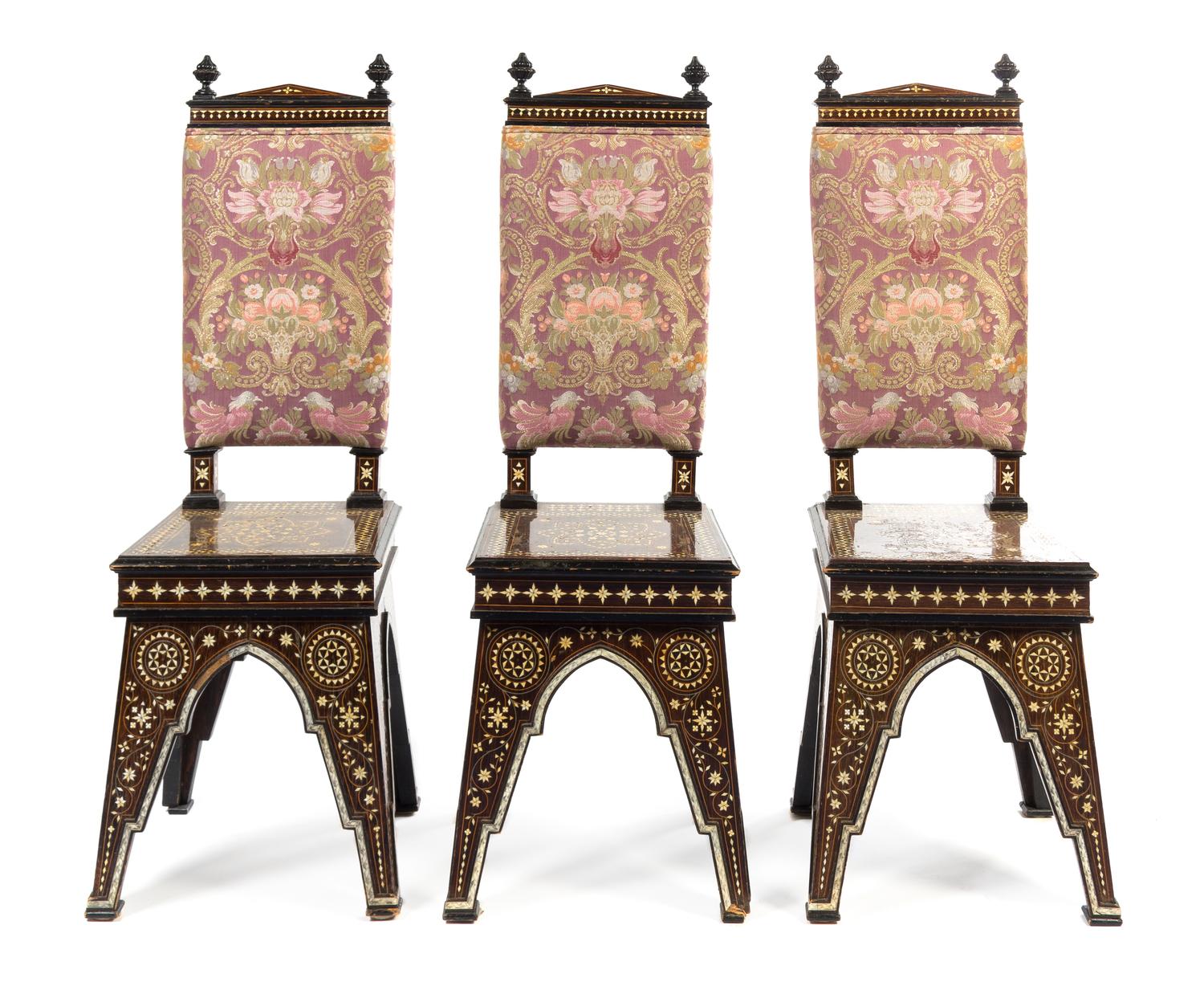 A Set of Three North Italian Bone Inlaid Side Chairs Height 45 inches. — 19TH CENTURY