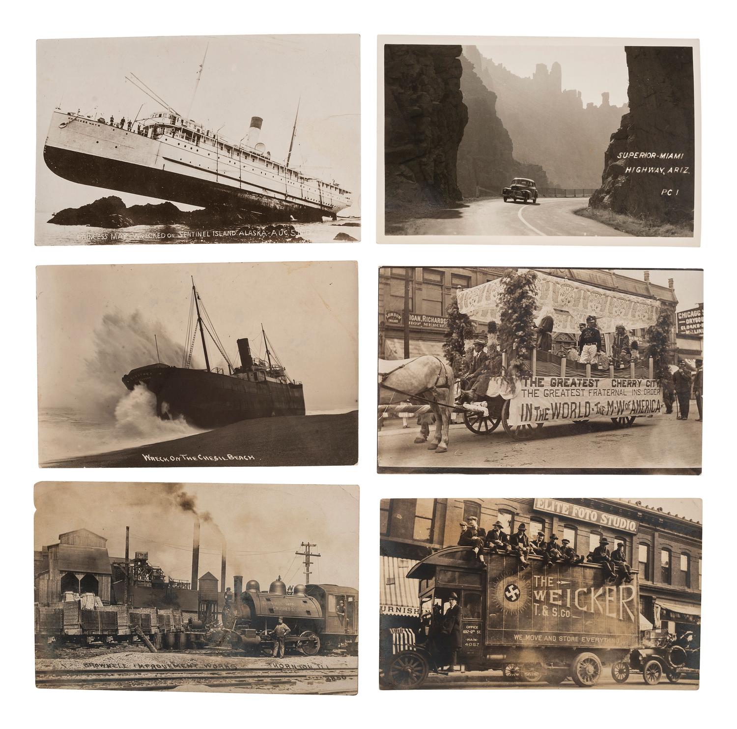 [EARLY PHOTOGRAPHY] -- [TRANSPORTATION]. A group of 23 real photo postcards of trains, ships, airplanes, automobiles, wrecks, and more.