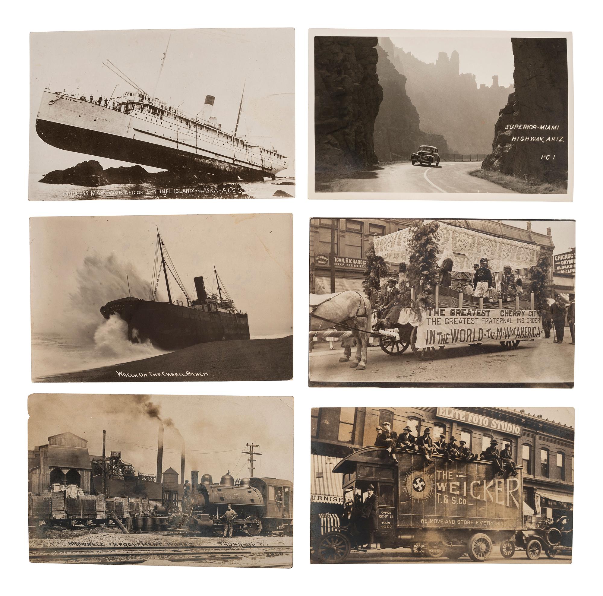 [EARLY PHOTOGRAPHY] -- [TRANSPORTATION]. A group of 23 real photo postcards of trains, ships, airplanes, automobiles, wrecks, and more.