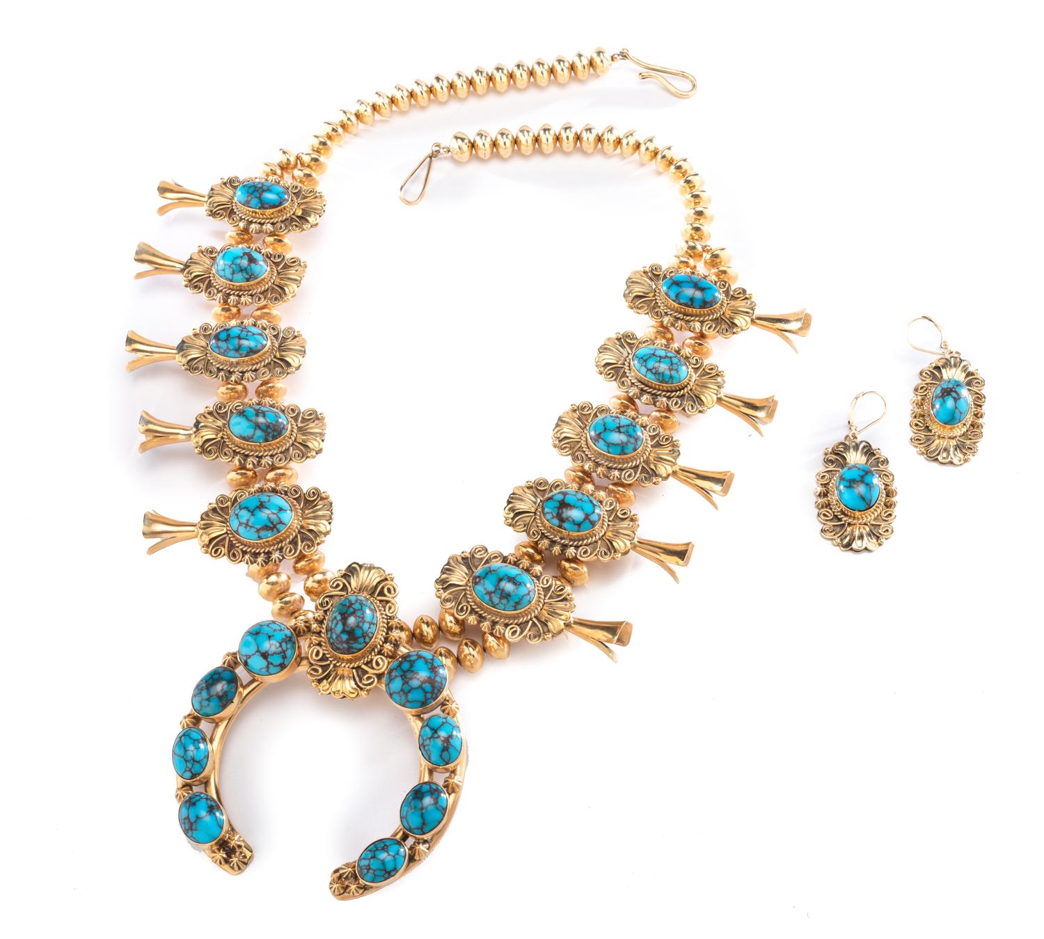 18k Gold and Turquoise Squash Blossom Necklace and Matching Earrings Lot is located and will ship from Denver, Colorado.