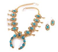 18k Gold and Turquoise Squash Blossom Necklace and Matching Earrings Lot is located and will ship from Denver, Colorado.
