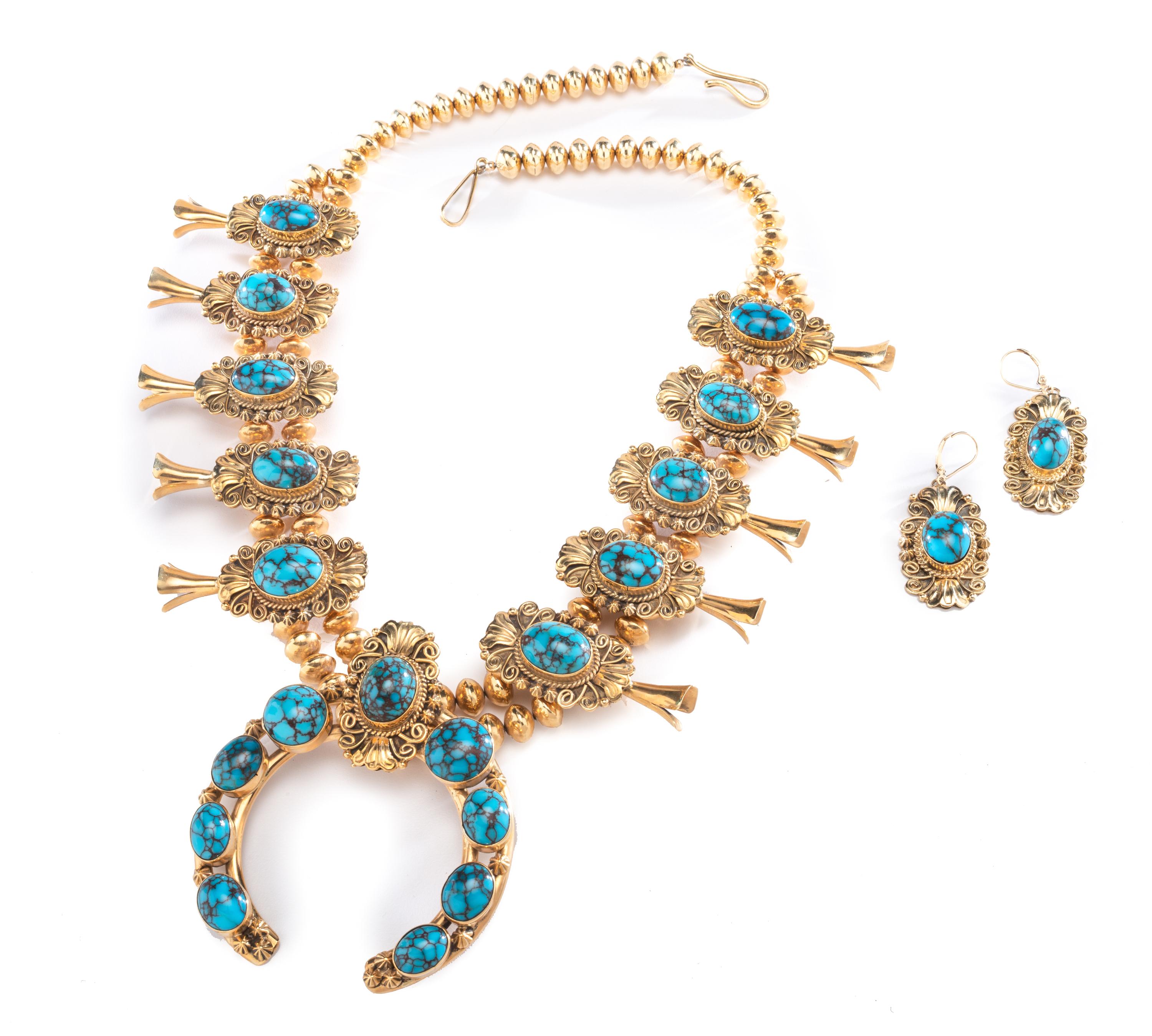 18k Gold and Turquoise Squash Blossom Necklace and Matching Earrings Lot is located and will ship from Denver, Colorado.
