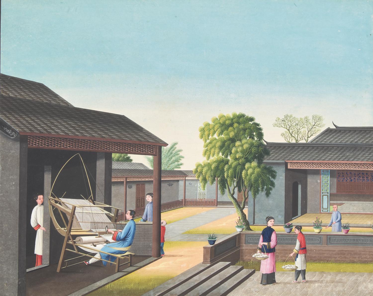 Chinese Export School 19th Century, A Set of Four Paintings Depicting Various Stages of Silk Production