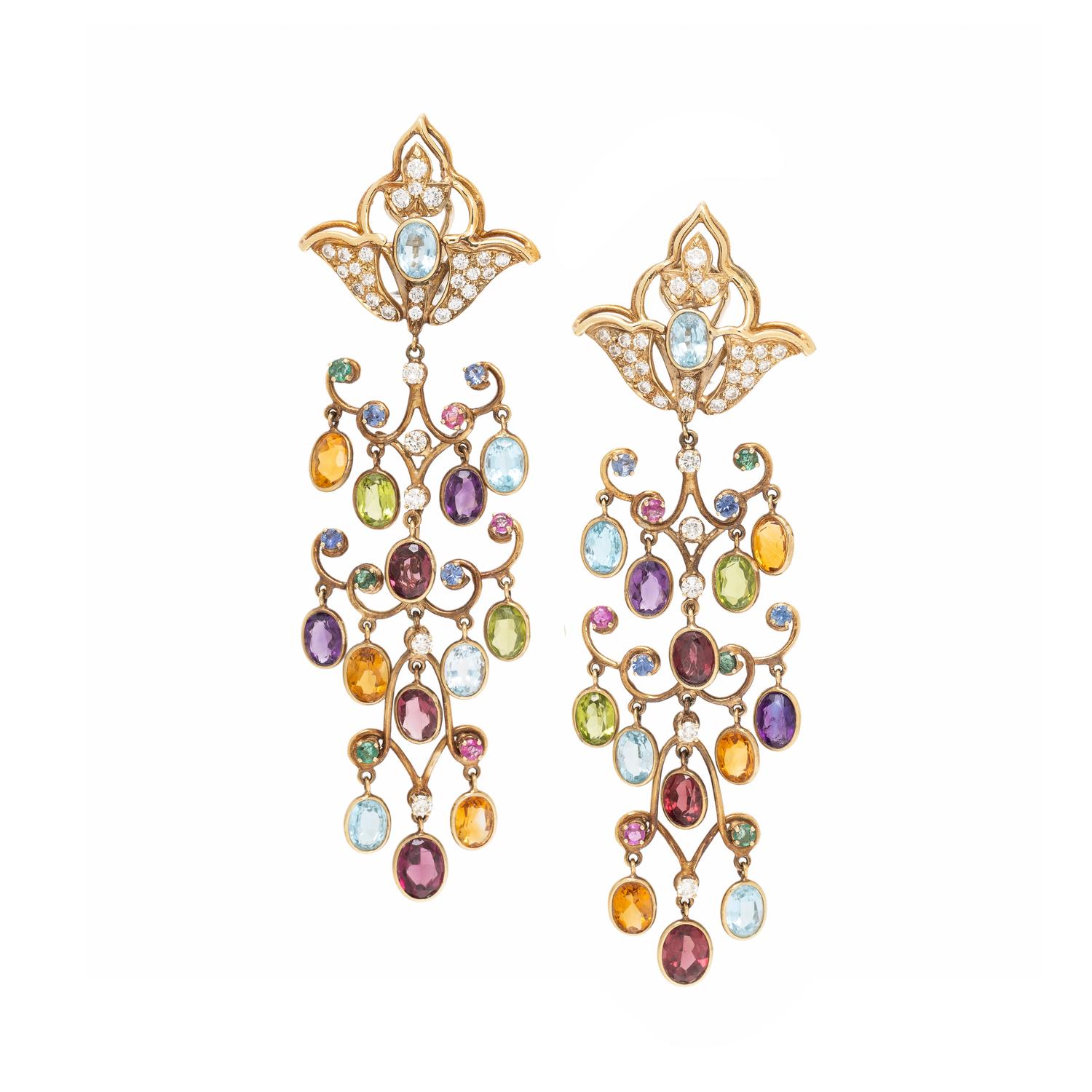 Multigem, Diamond, and Yellow Gold Chandelier Earrings