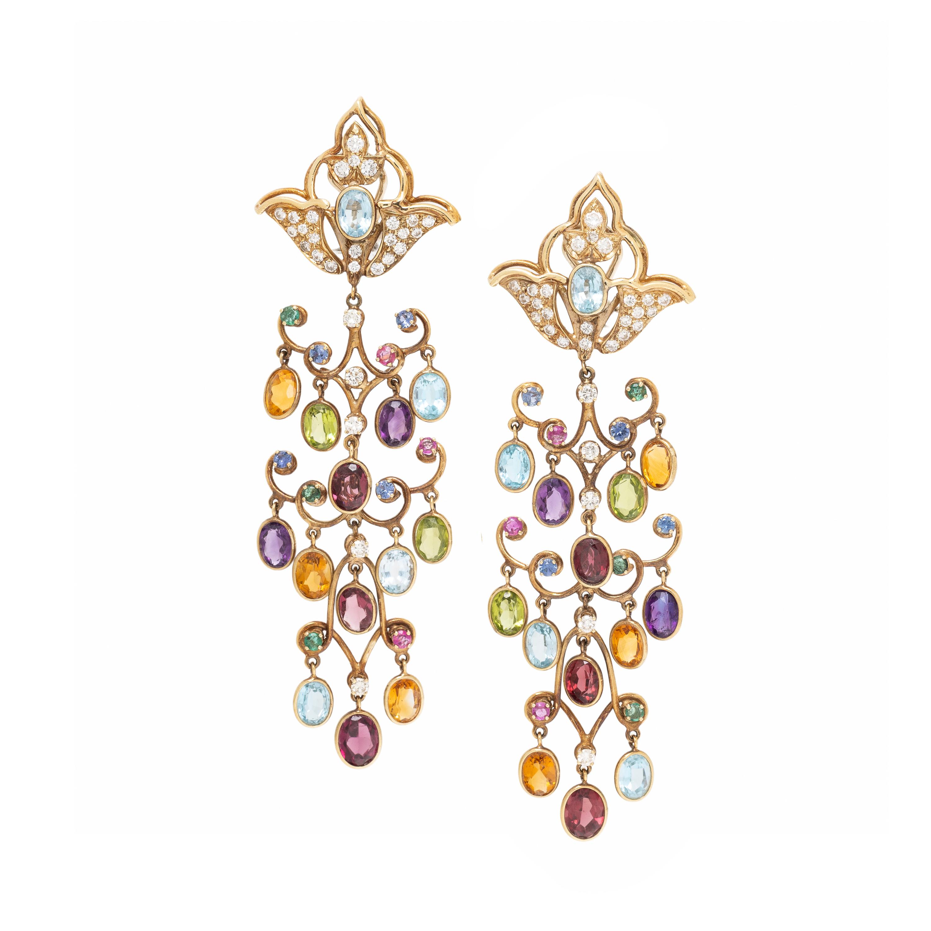 Multigem, Diamond, and Yellow Gold Chandelier Earrings