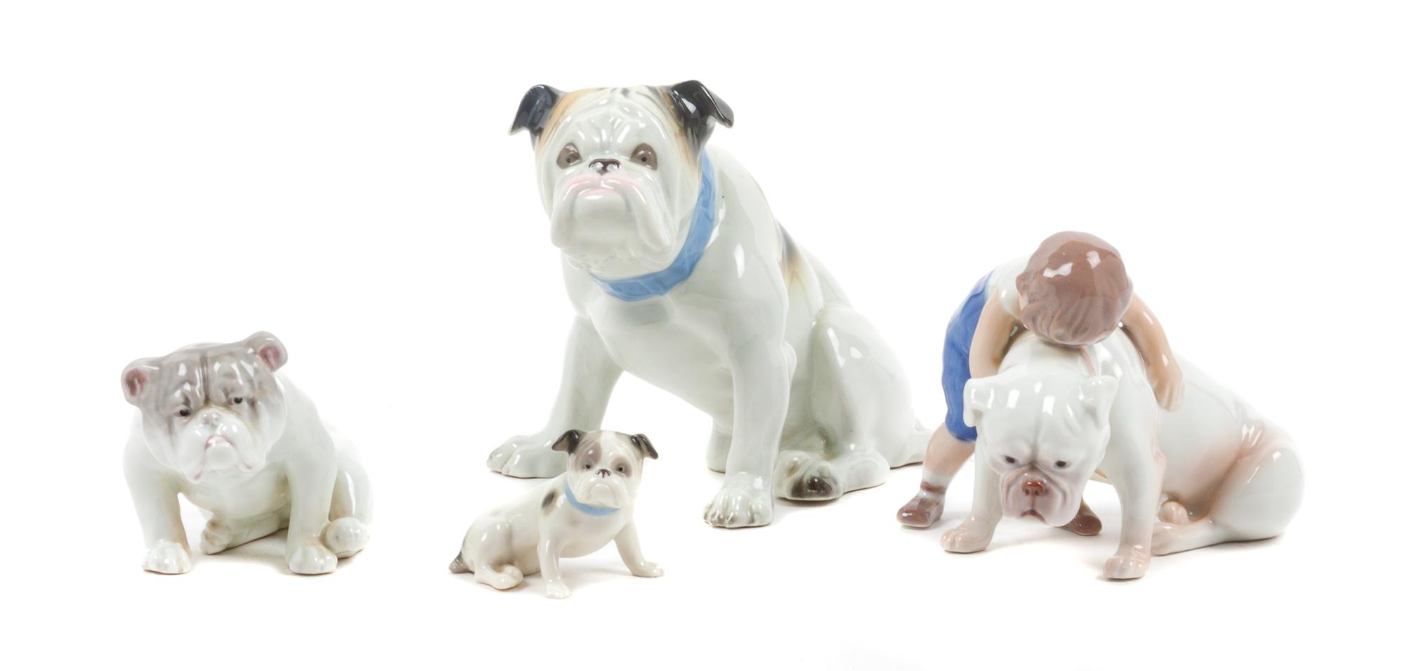 A Group of Four Porcelain Bulldog Figures Height of tallest 5 1/4 inches.