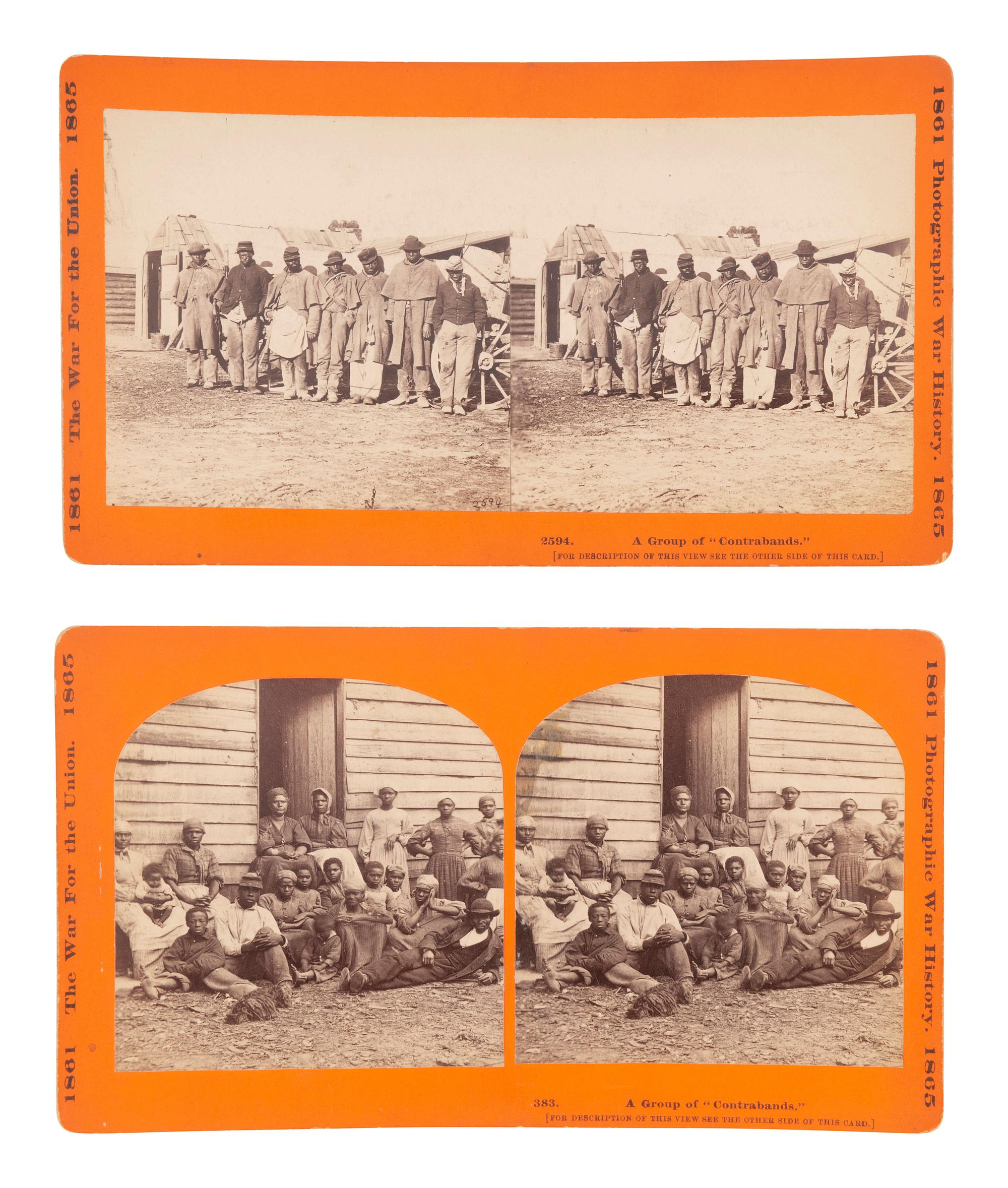 [CIVIL WAR]. A group of 6 stereoviews featuring African American subjects, incl. "contrabands" and soldiers. Hartford, CT: Taylor & Huntington, ca 1890s.