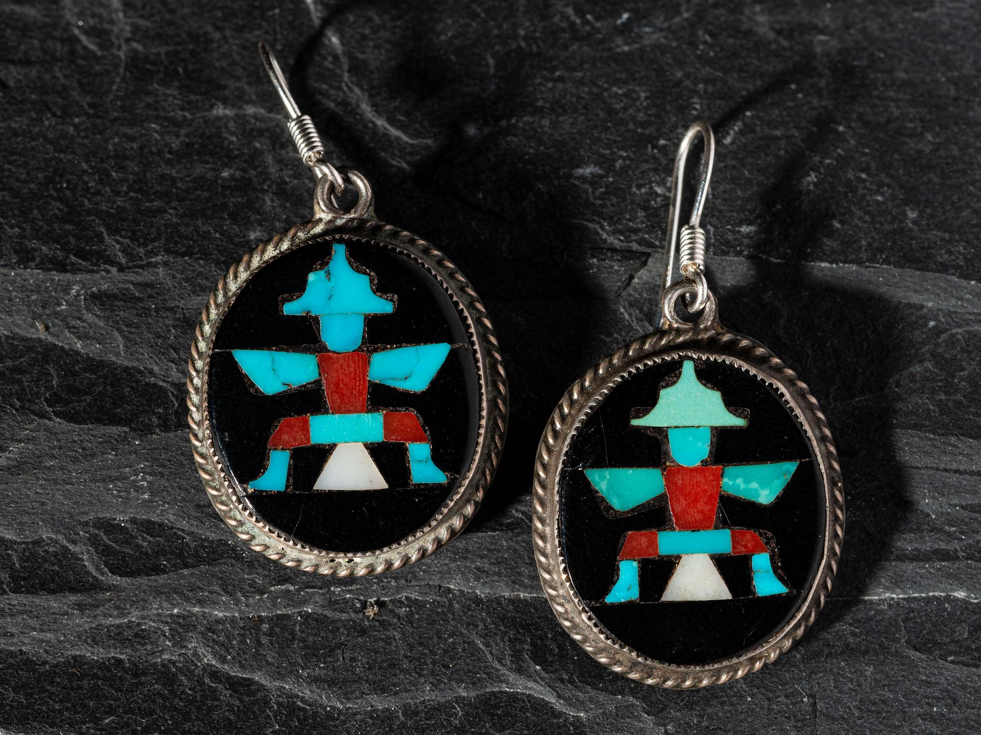 Silver and Mosaic Inlay Knifewing Hook Earrings