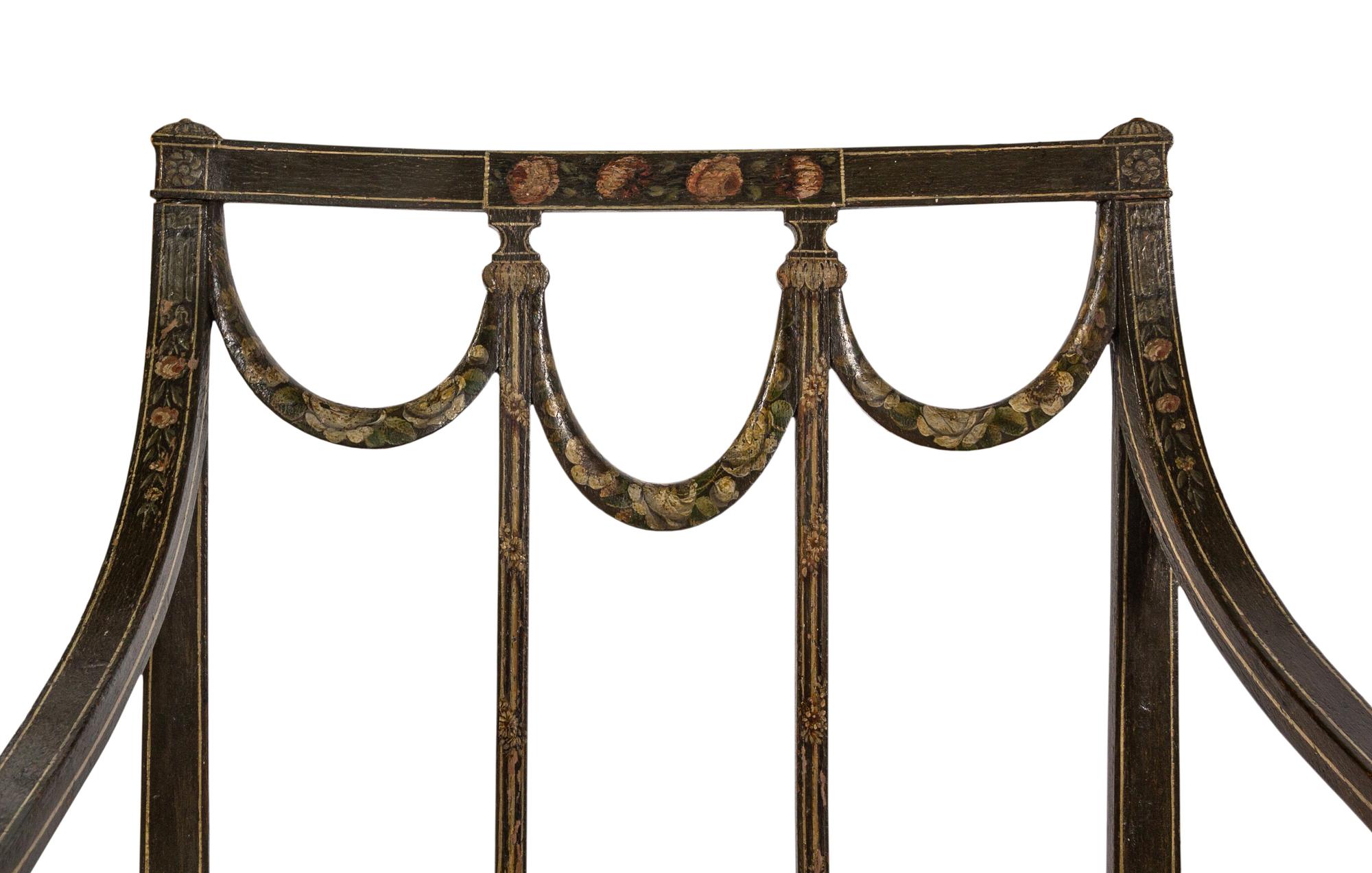 A Pair of George III Polychrome and Green-Painted Open Armchairs