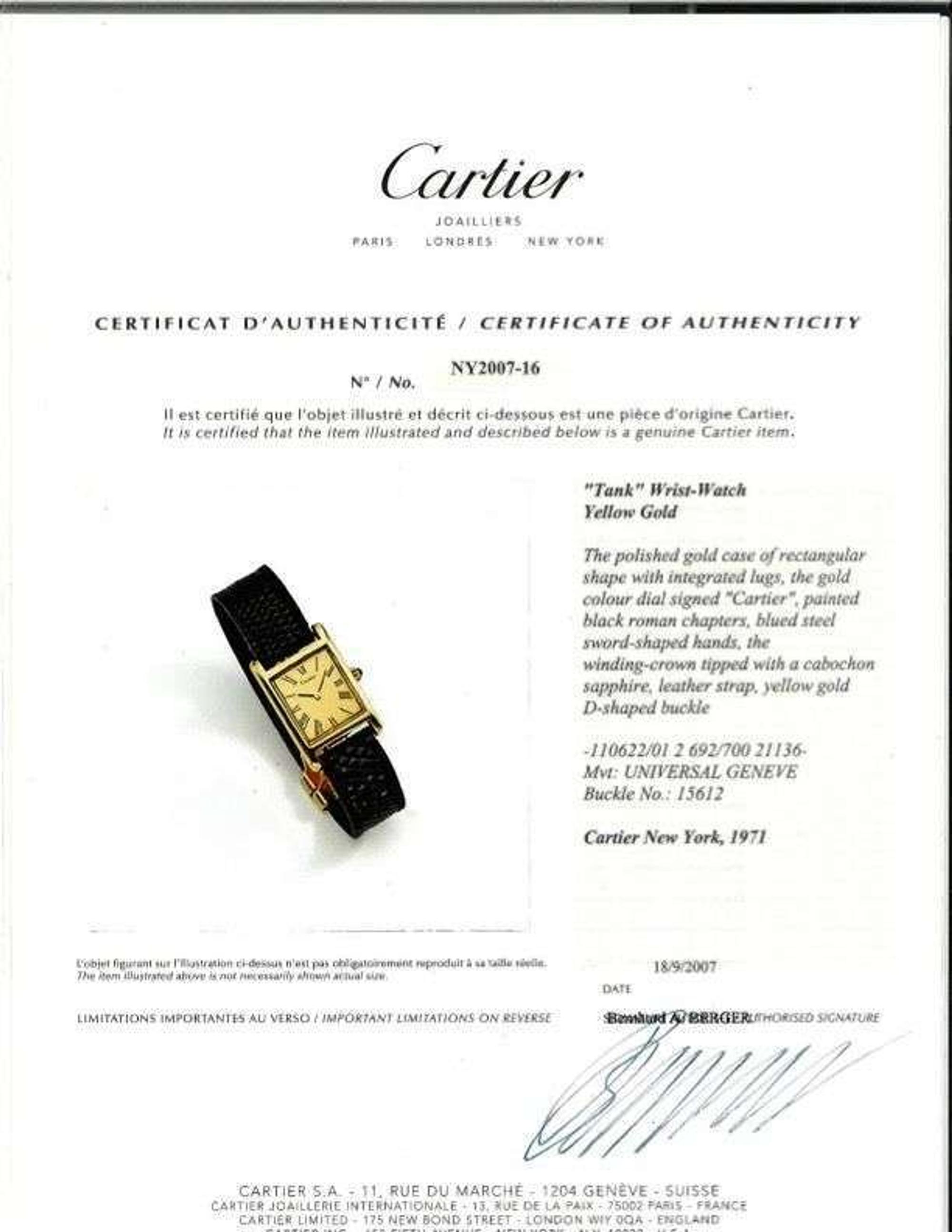 Ladies 18K Yellow Gold Cartier Tank Wristwatch Cartier NY, 1971