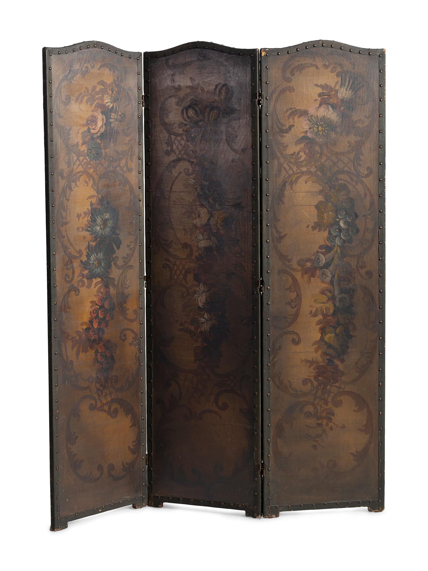 A Continental Studded and Painted Leather Three-Panel Floor Screen