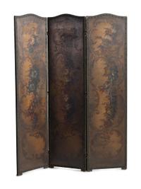 A Continental Studded and Painted Leather Three-Panel Floor Screen