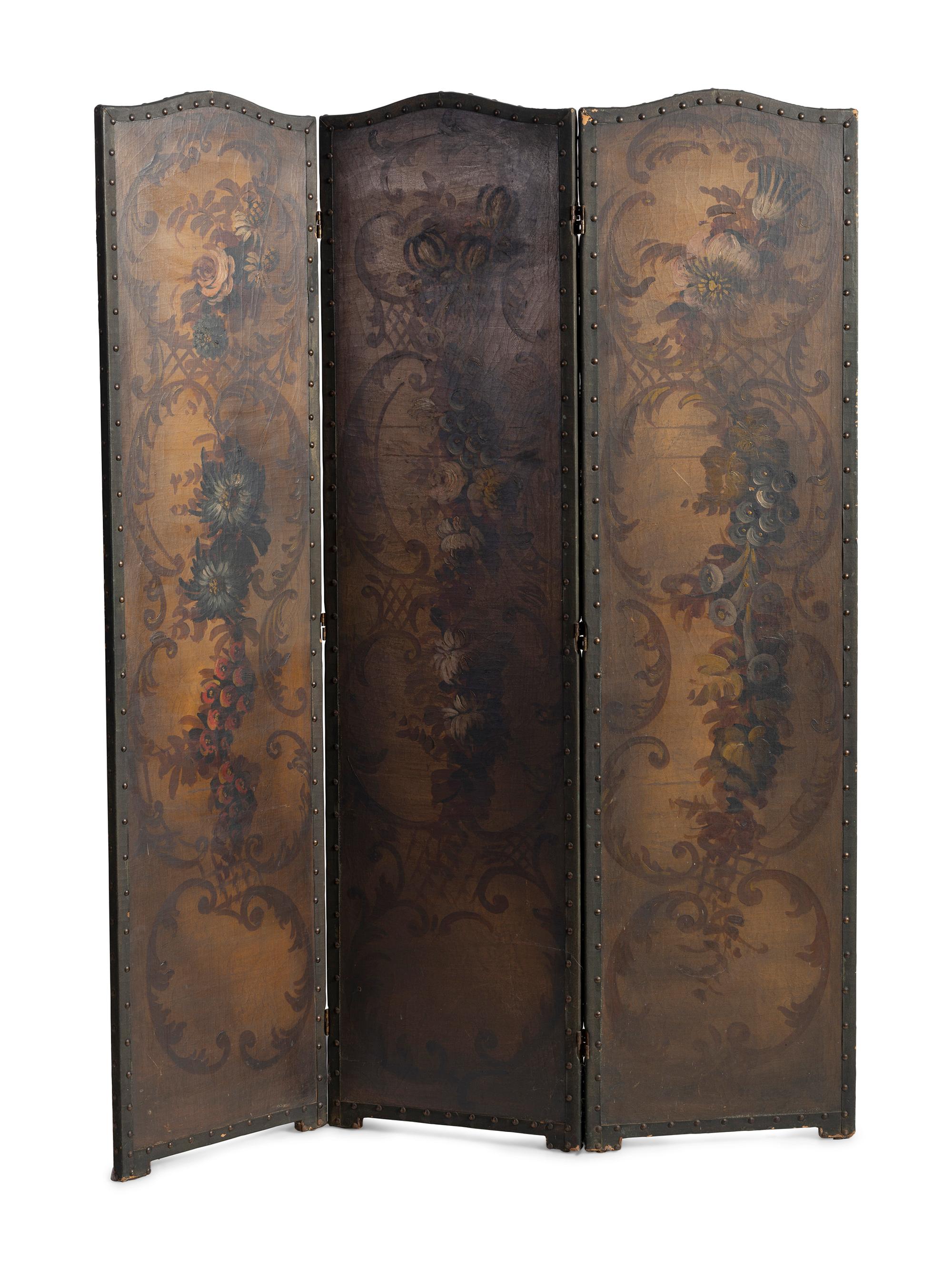 A Continental Studded and Painted Leather Three-Panel Floor Screen