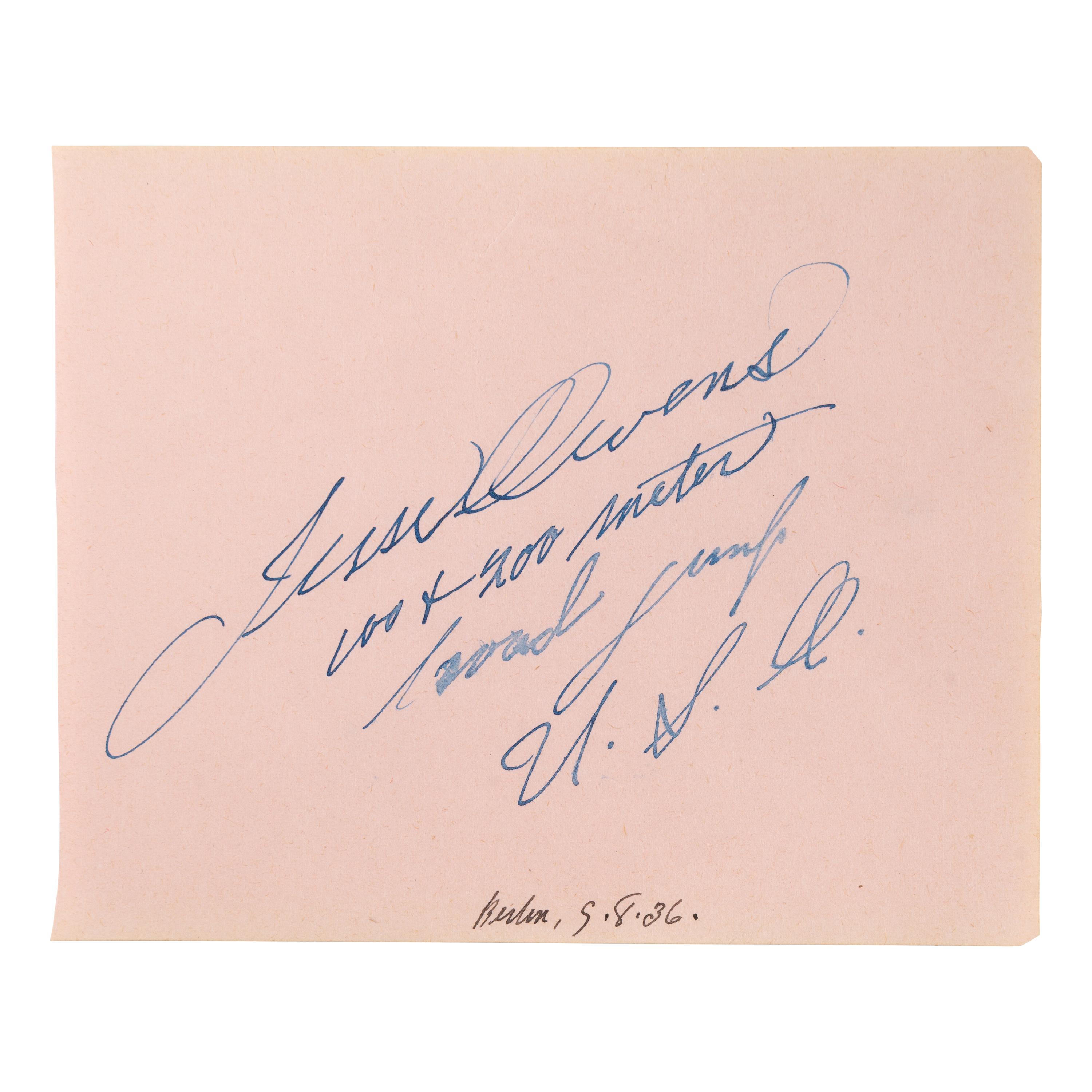 [African American]. Owens, Jesse (1913-1980). Autograph note signed ("Jesse Owens"), Berlin, 9 August 1936.