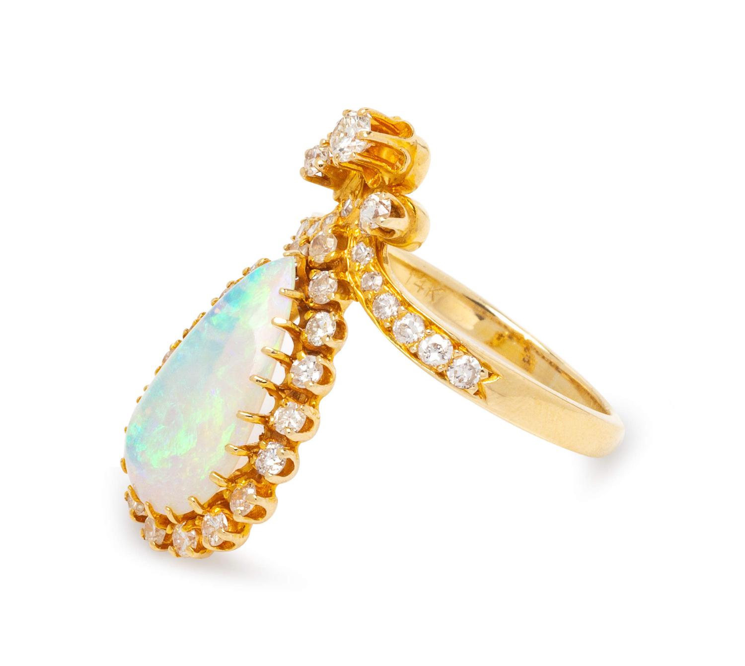 A 14 Karat Yellow Gold, Opal and Diamond Ring,